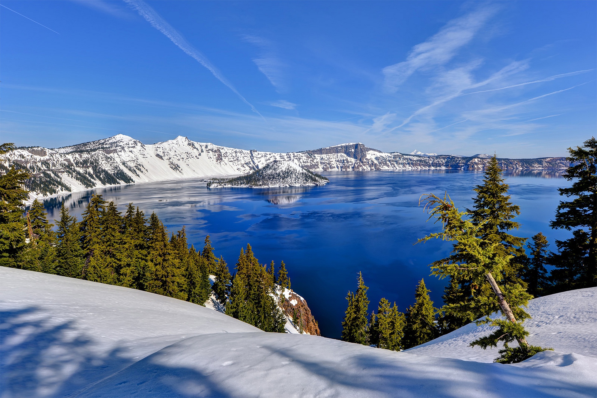 PCデスクトップに冬, 自然, 雪, 湖, 地球, 小島, クレーター湖画像を無料でダウンロード