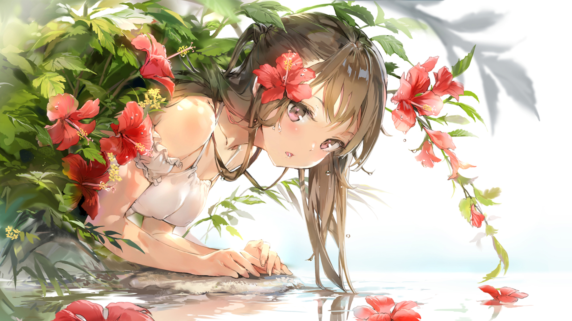 Laden Sie das Wasser, Mädchen, Blume, Animes, Lange Haare-Bild kostenlos auf Ihren PC-Desktop herunter