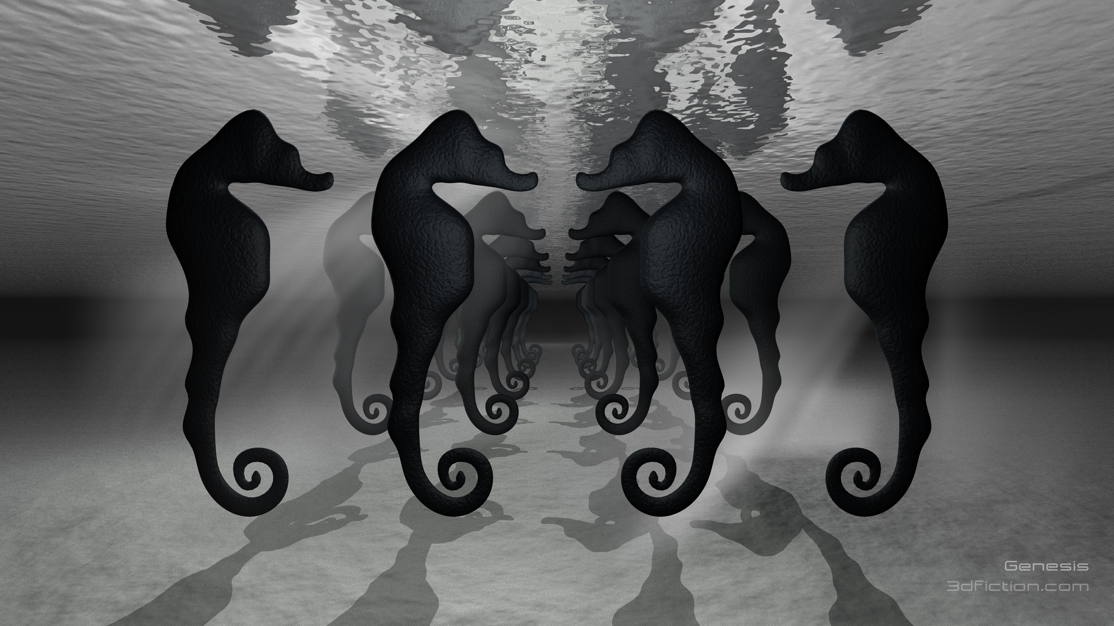 artistic, 3d art, 3d, black & white, seahorse, surreal, underwater