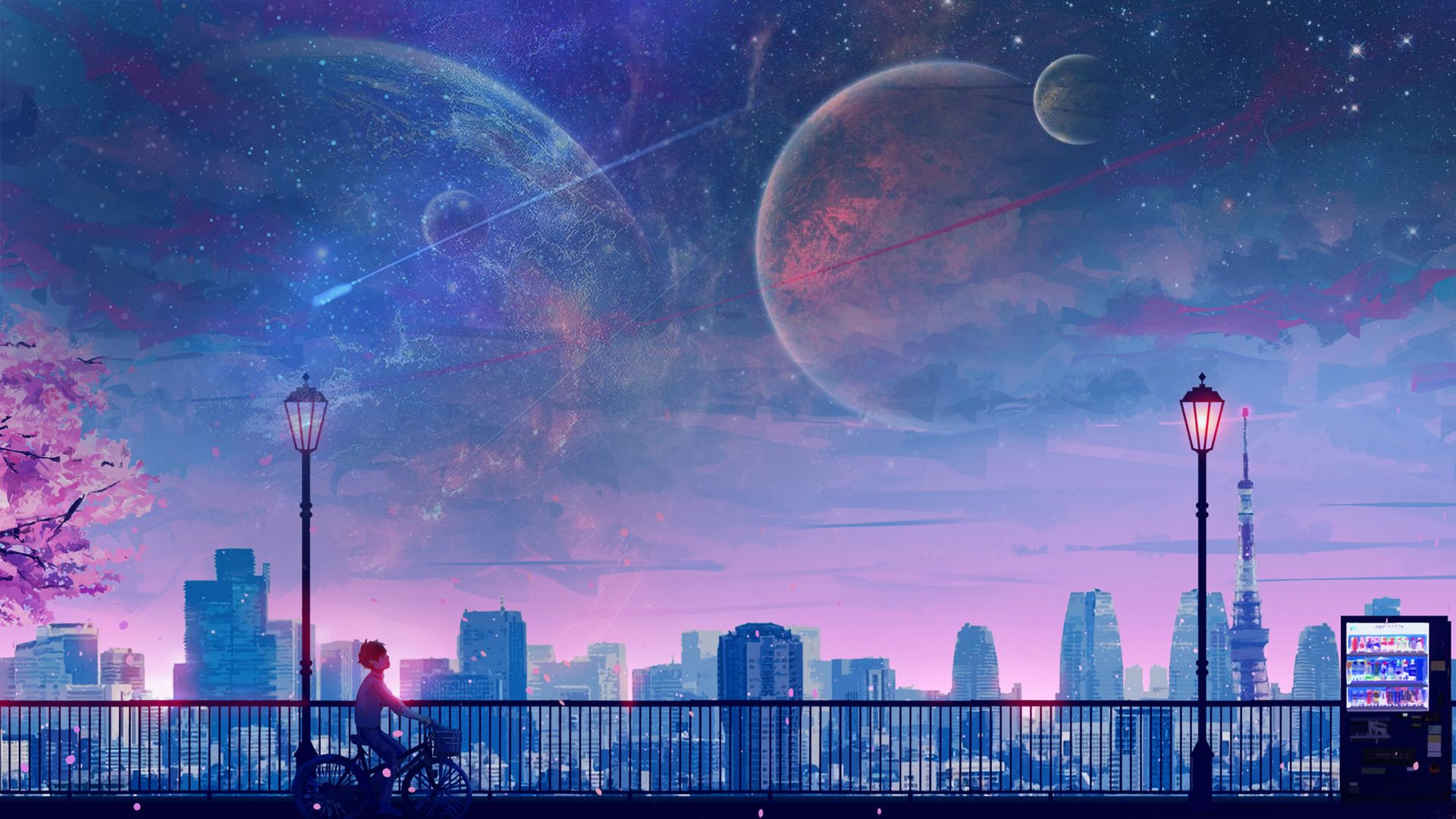 Download mobile wallpaper Anime, Stars, Night, Moon, City, Bicycle, Original for free.