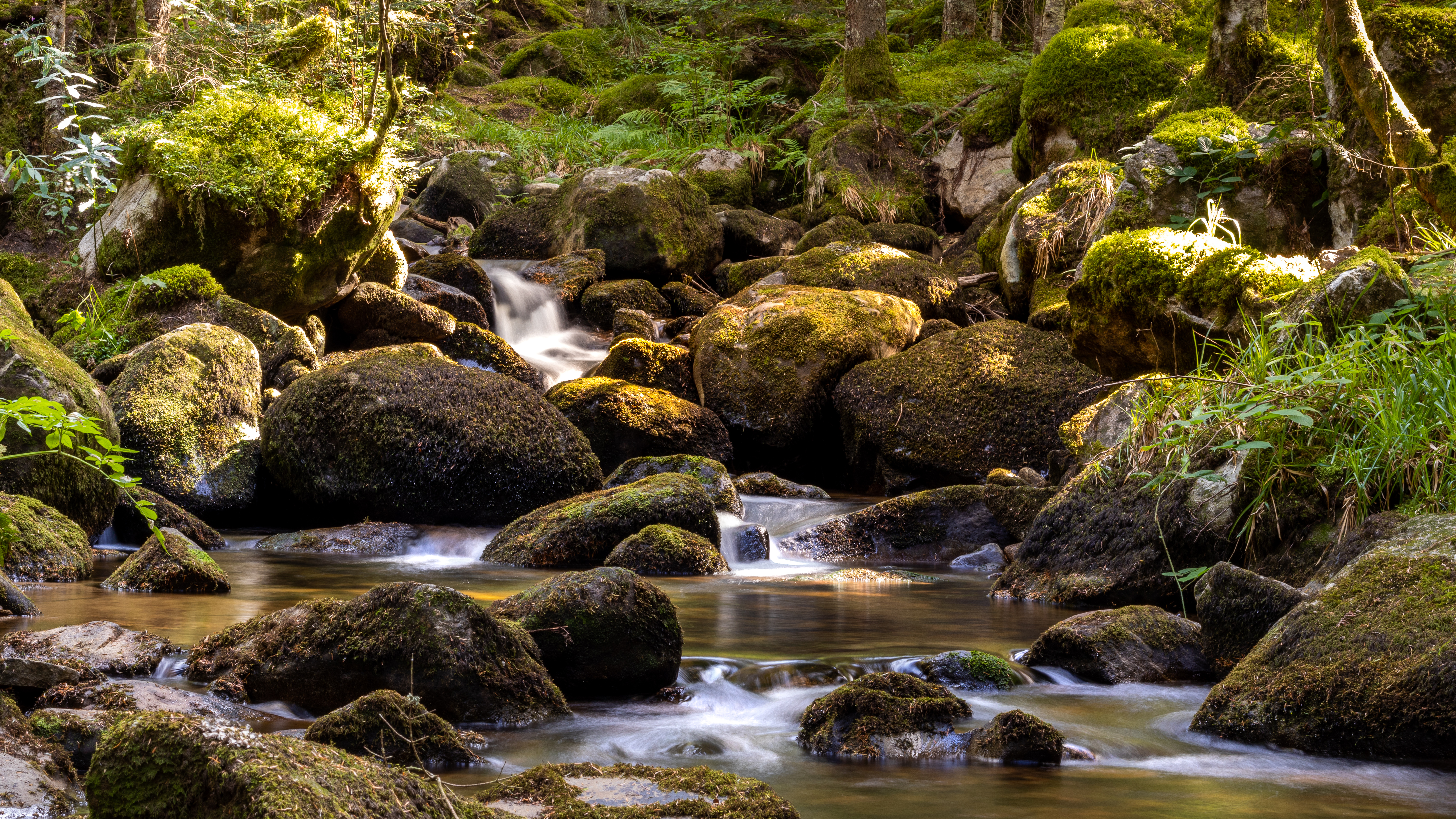 nature, stones, waterfall, flow, moss, lumps, blocks
