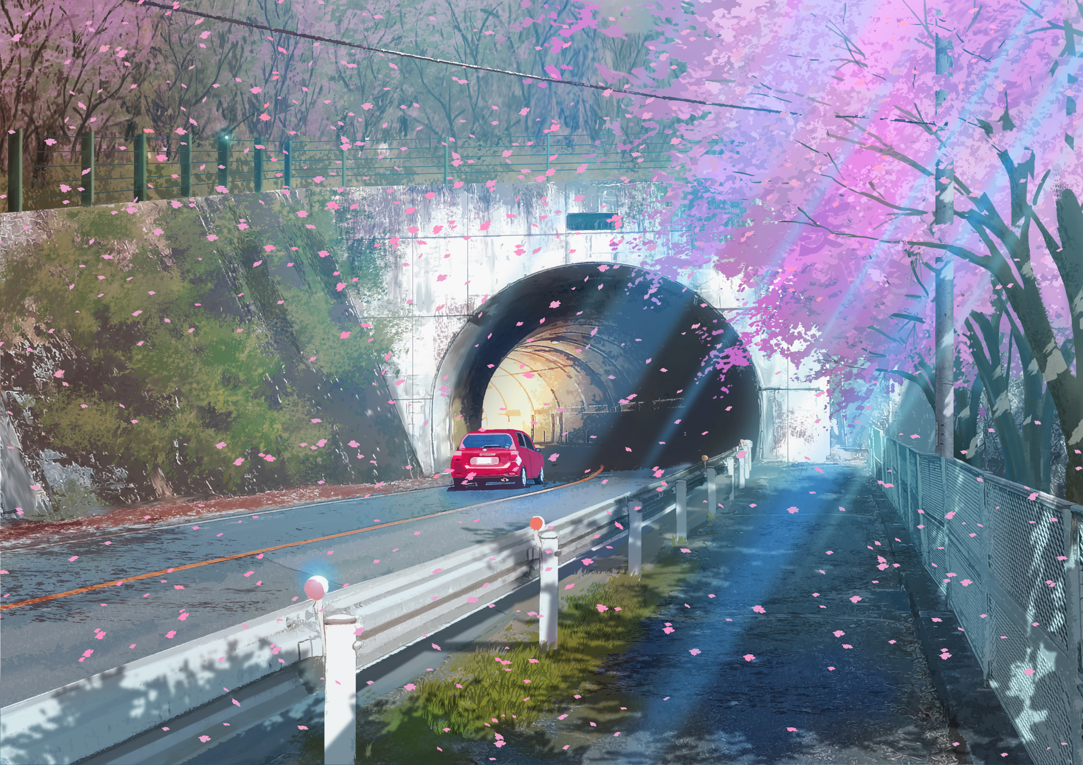 976254 baixar papel de parede anime, estrada, carro, flor, sakura, rua, túnel - protetores de tela e imagens gratuitamente
