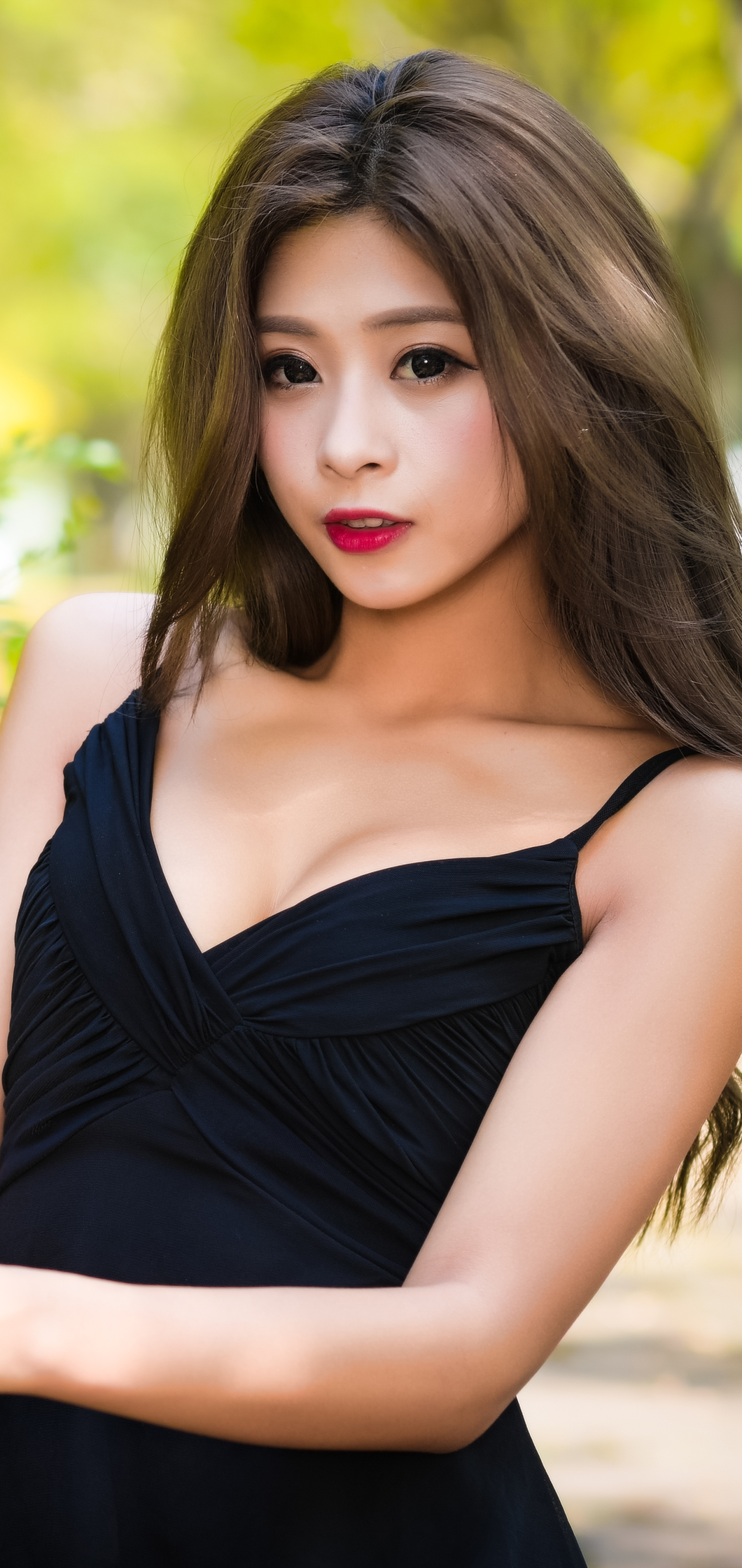 Download mobile wallpaper Brunette, Model, Women, Asian, Brown Eyes, Black Dress, Lipstick for free.