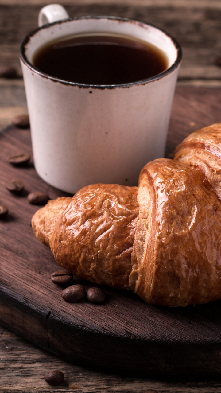 Download mobile wallpaper Food, Coffee, Cup, Coffee Beans, Breakfast, Croissant, Viennoiserie for free.