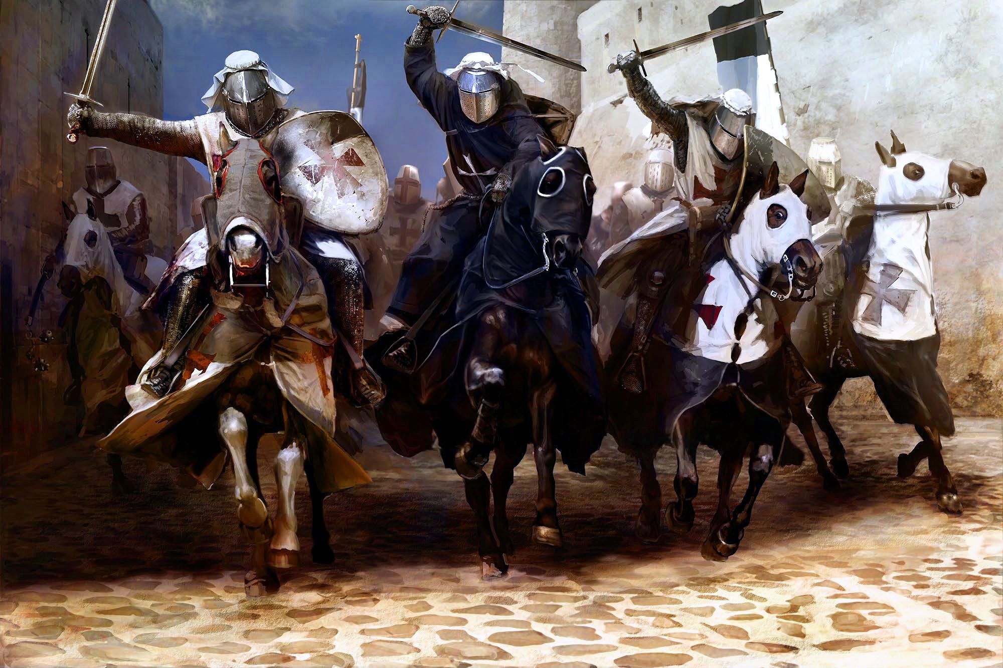 PCデスクトップにファンタジー, 馬, 寺, 騎士, 剣, 聖戦画像を無料でダウンロード