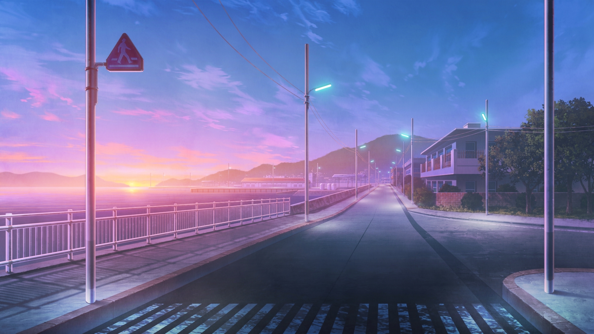 Free download wallpaper Anime, Sunset, Coast, Street on your PC desktop