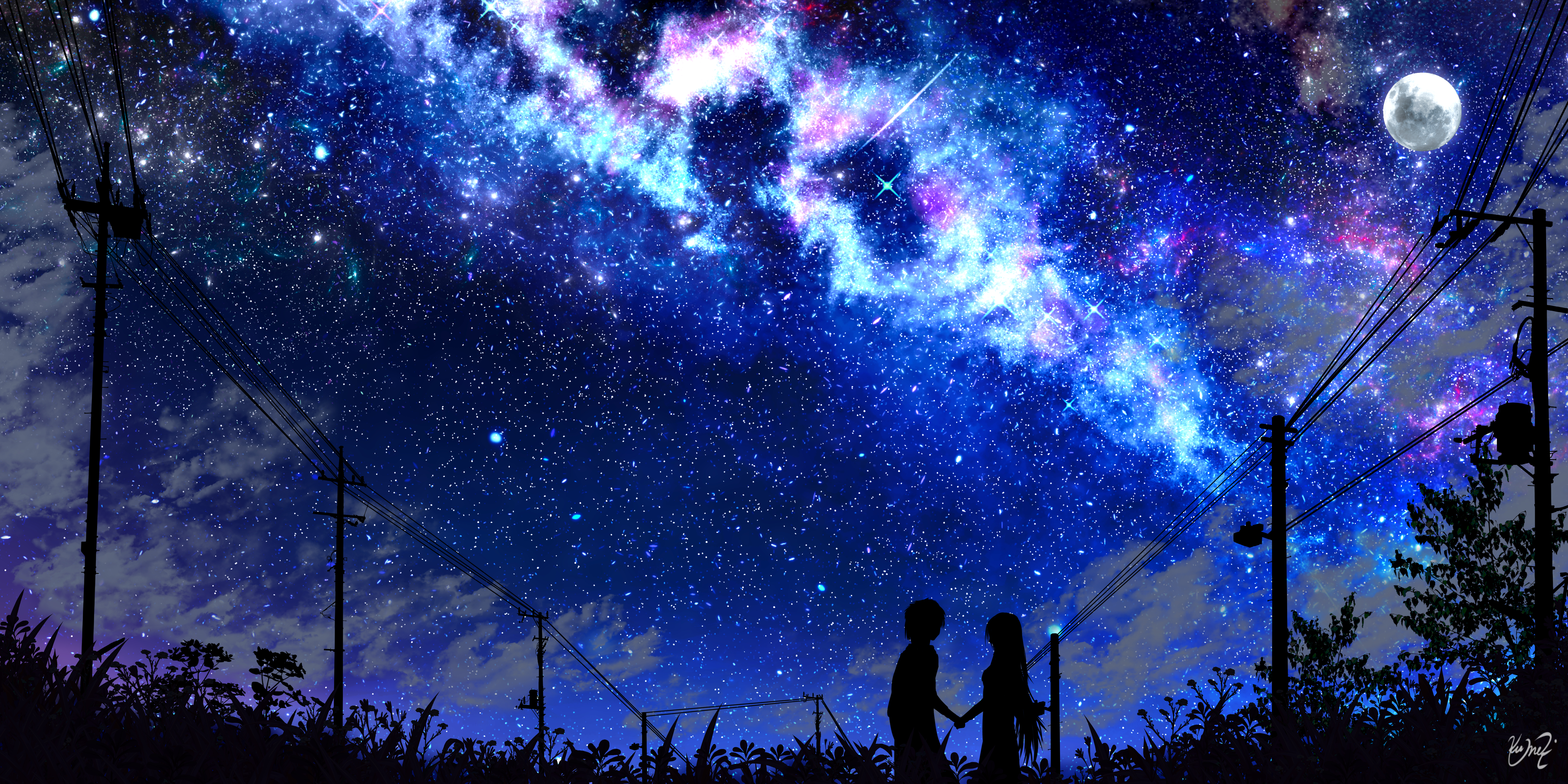 Download mobile wallpaper Anime, Night, Moon, Starry Sky, Shooting Star for free.