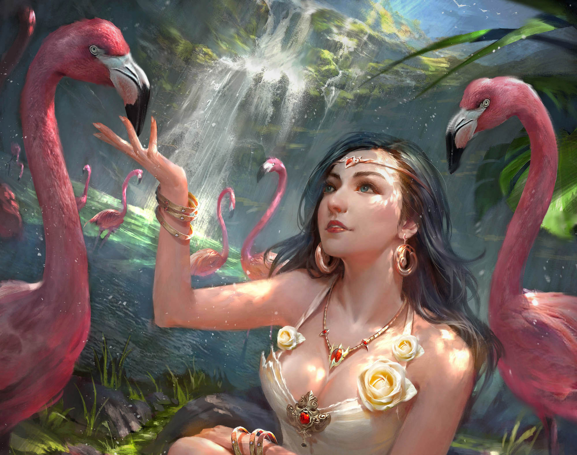 Free download wallpaper Flamingo, Bird, Earrings, Blue Eyes, Necklace, Video Game, Legend Of The Cryptids on your PC desktop