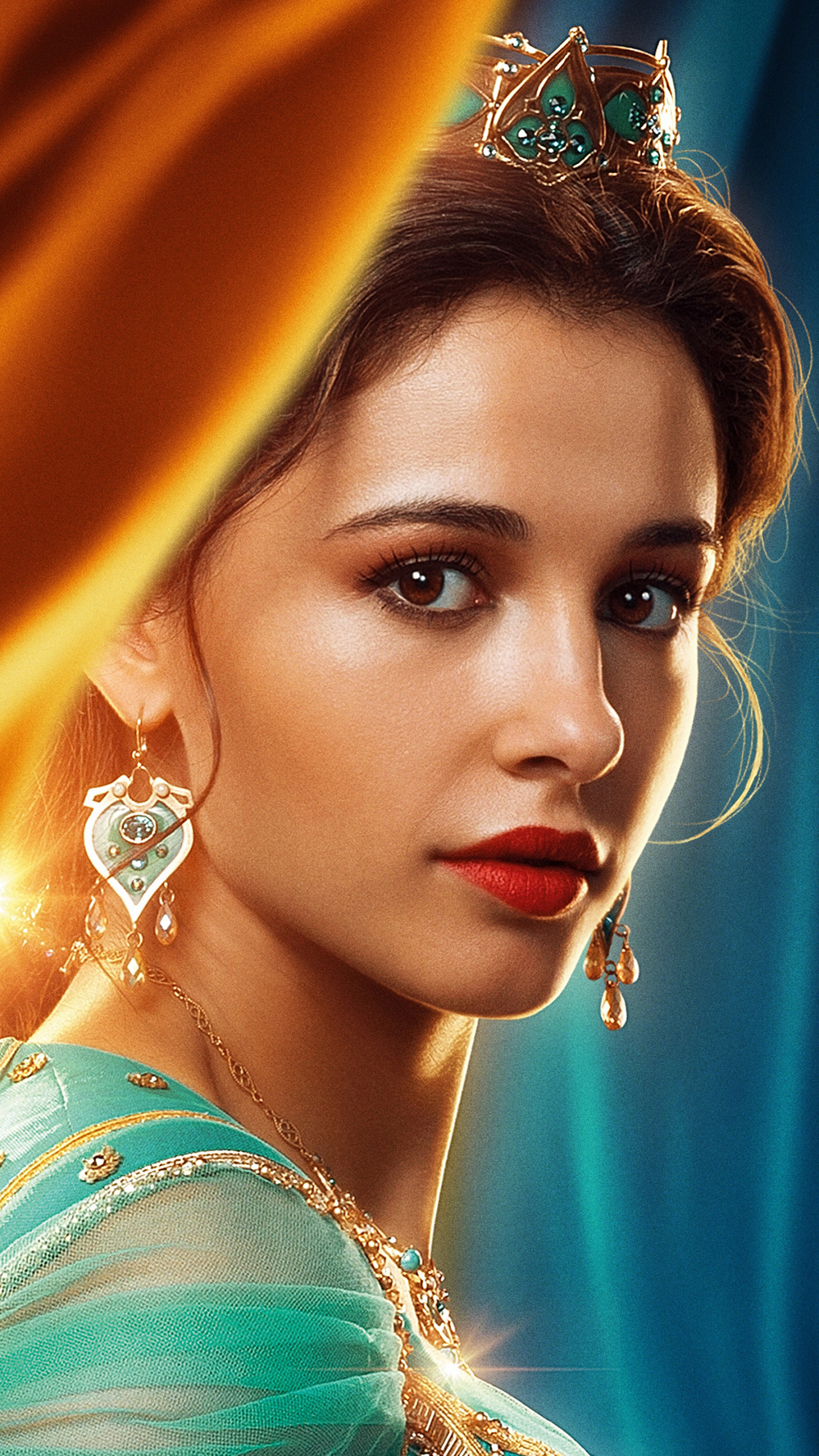 movie, aladdin (2019), brown eyes, naomi scott, actress, earrings, princess jasmine, lipstick, british