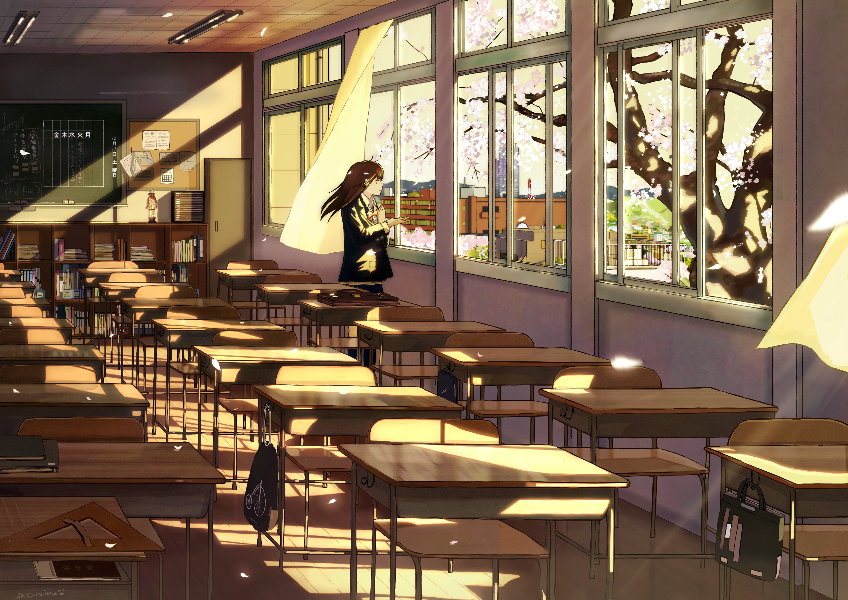 anime, original, bag, brown hair, cherry blossom, classroom, long hair