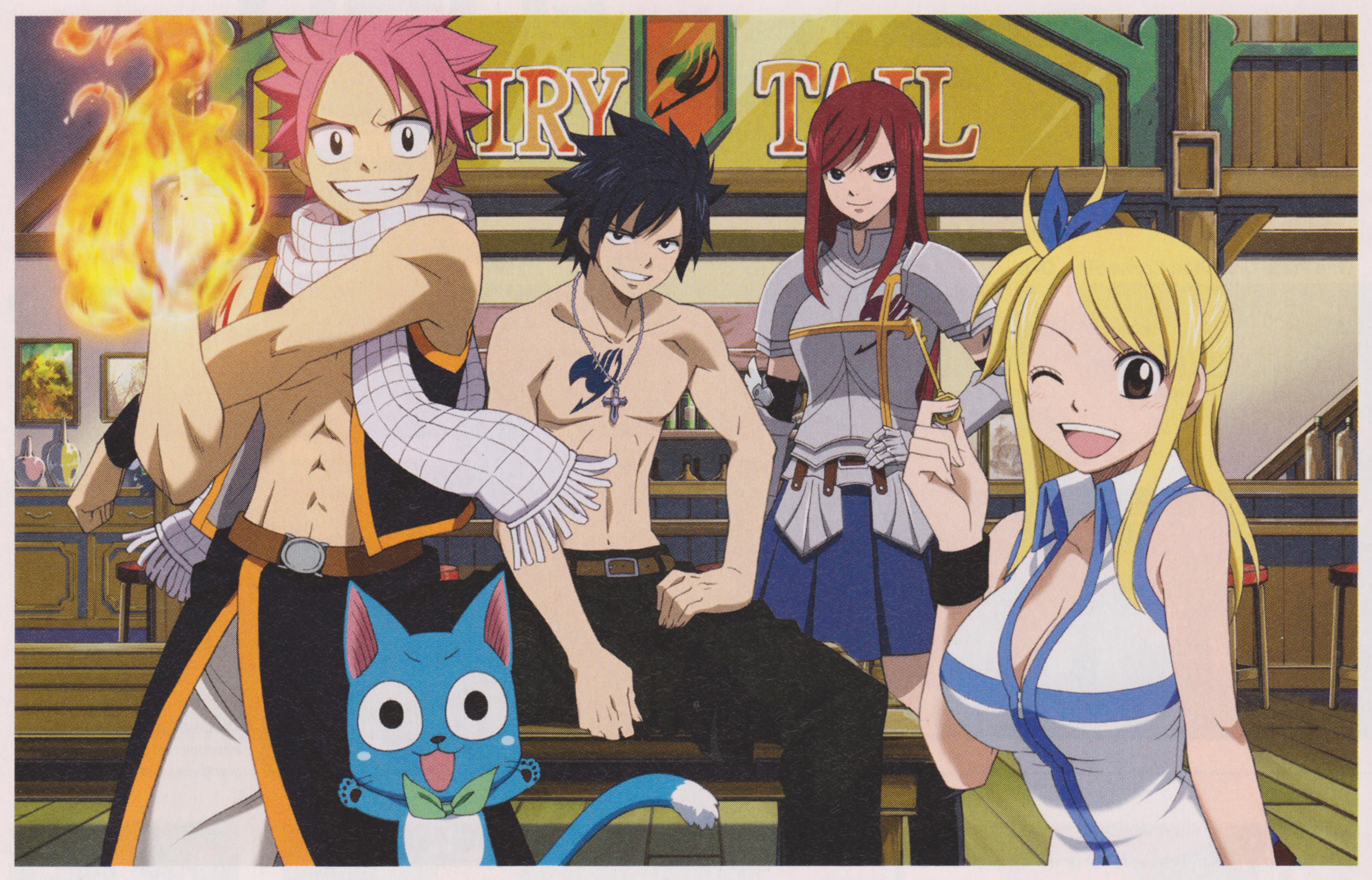 Handy-Wallpaper Animes, Fairy Tail, Lucy Heartfilia, Natsu Dragneel, Erza Scarlet, Grauer Fullbuster, Glücklich (Fairy Tail) kostenlos herunterladen.