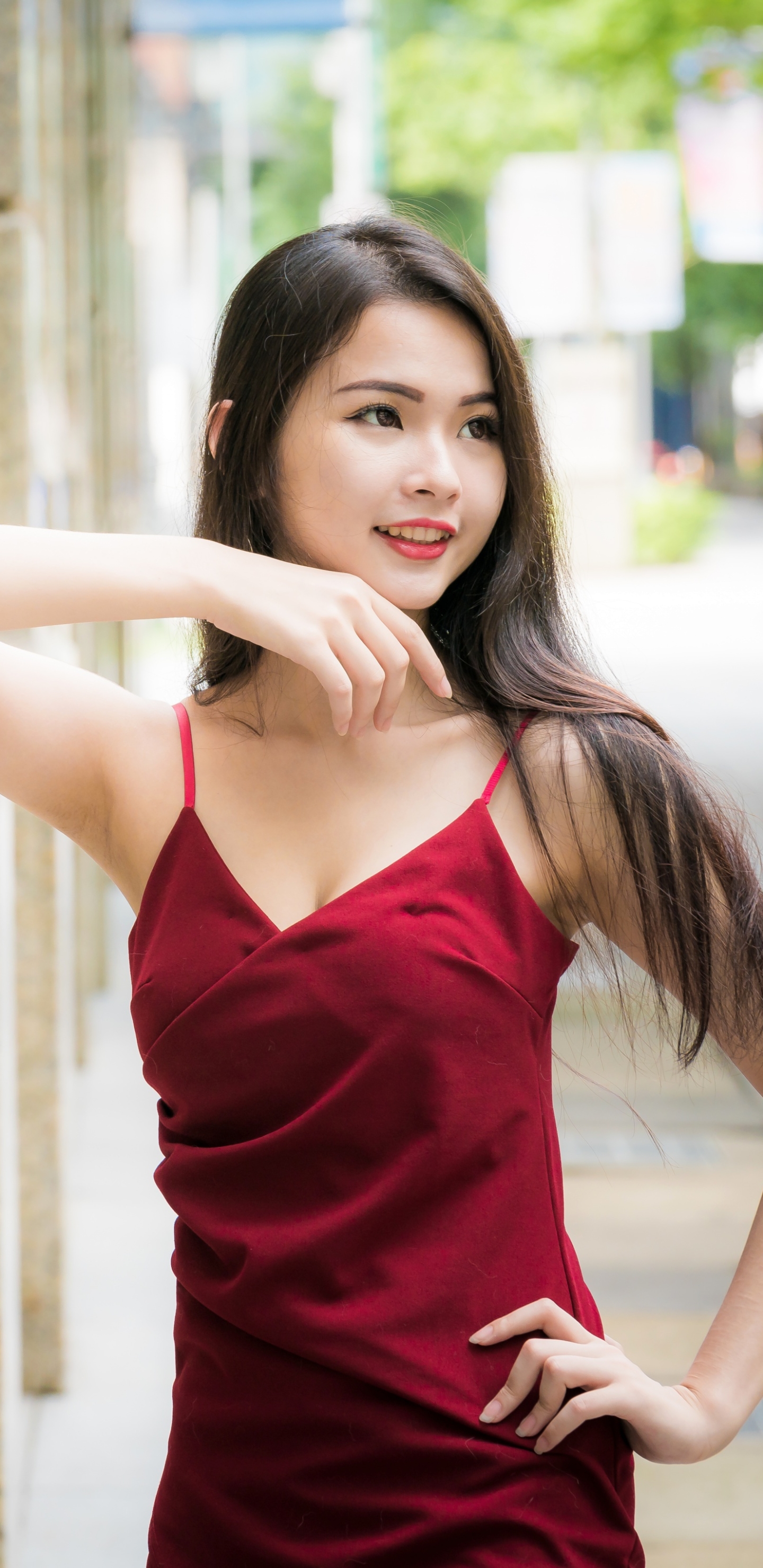 Download mobile wallpaper Brunette, Model, Women, Asian, Long Hair, Red Dress for free.