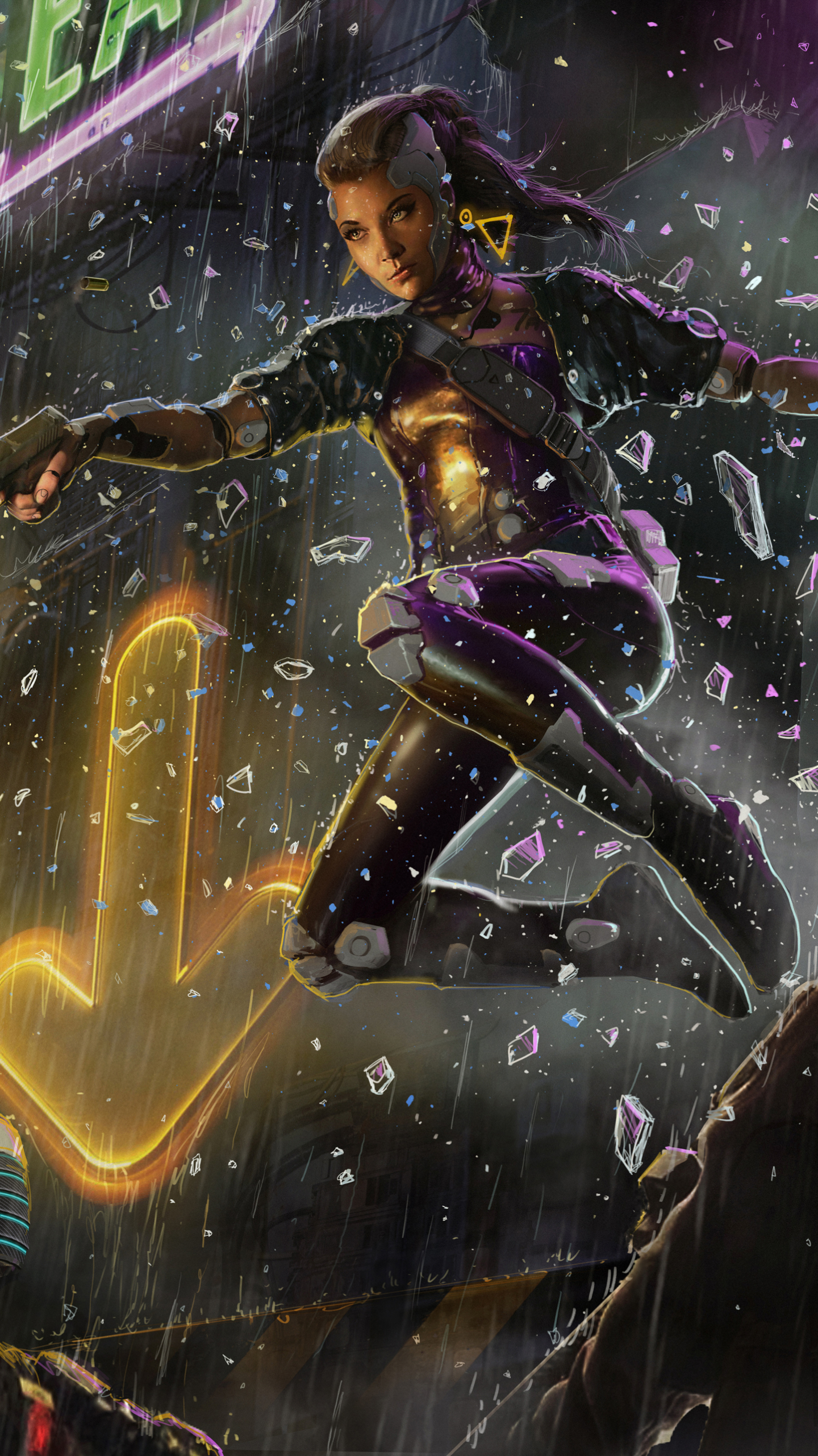 Download mobile wallpaper Rain, Night, City, Cyberpunk, Sci Fi, Woman Warrior for free.