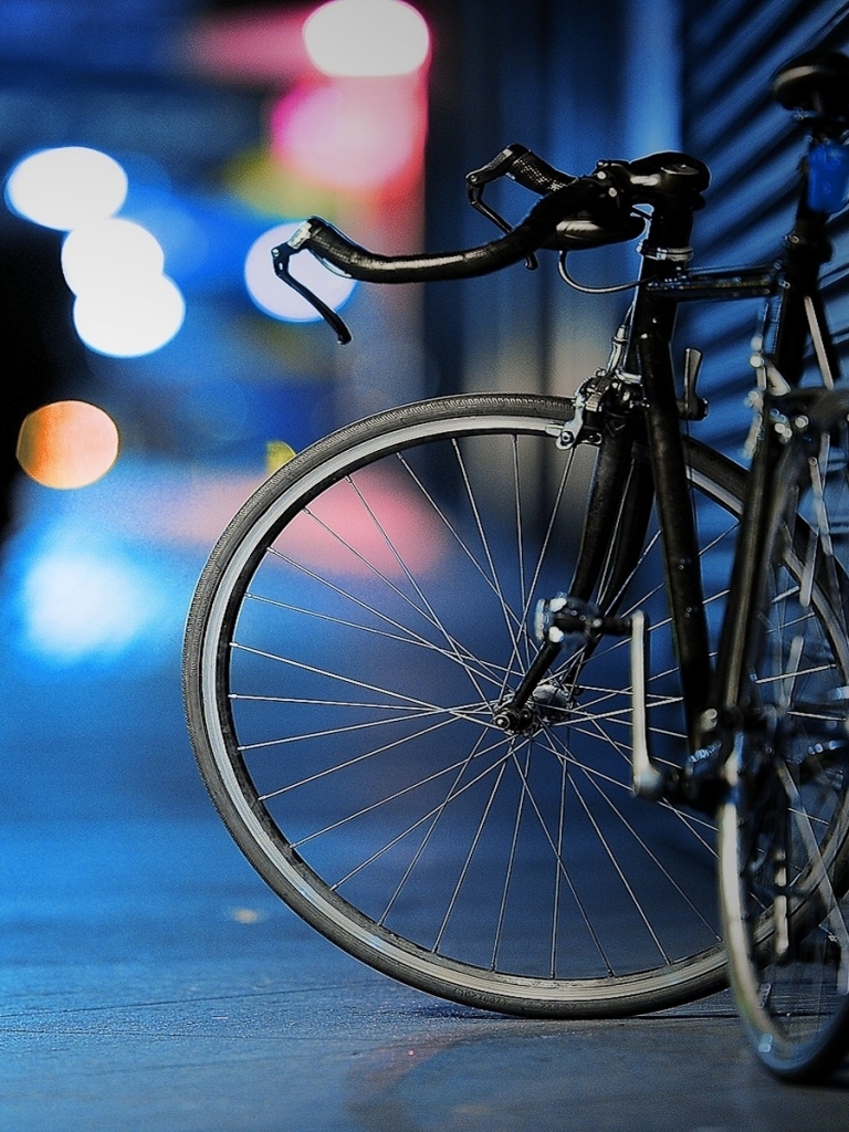 Download mobile wallpaper Night, City, Light, Alone, Mood, Bicycle, Vehicles for free.