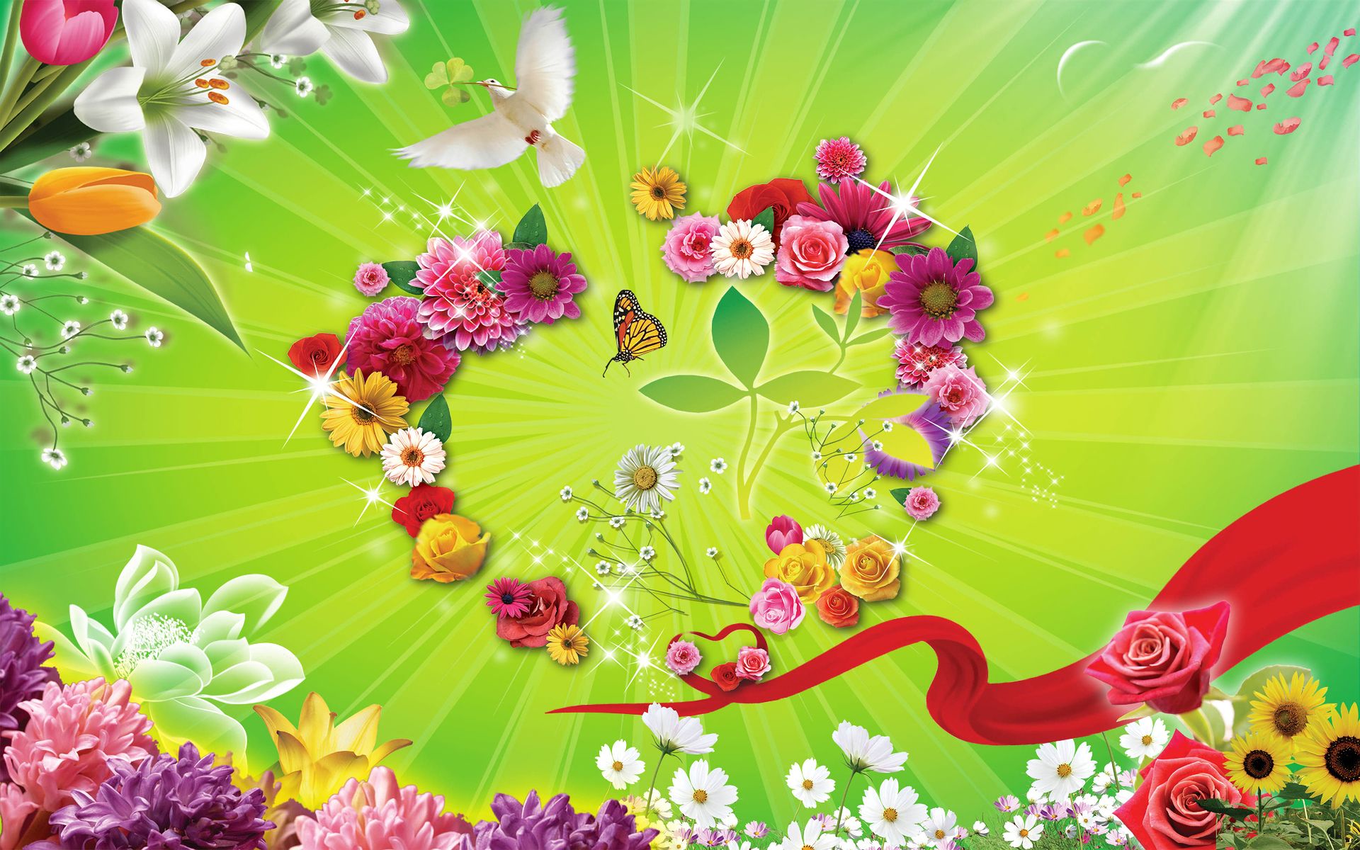 Laden Sie das Schmetterlinge, Blumen, Blume, Bunt, Taube, Schleife, Künstlerisch-Bild kostenlos auf Ihren PC-Desktop herunter