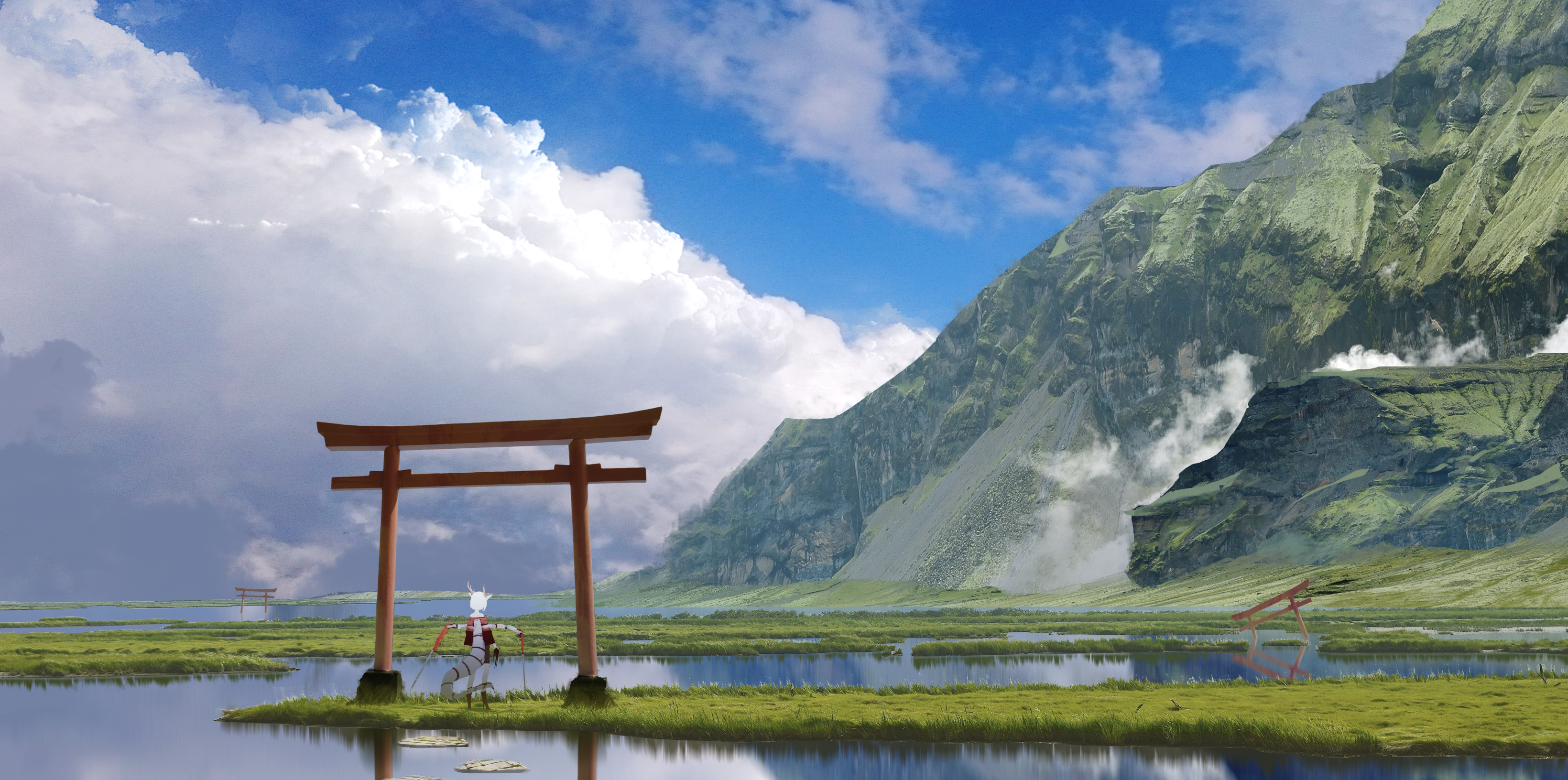 Download mobile wallpaper Anime, Water, Sky, Swamp, Mountain, Cloud, Torii, Original for free.