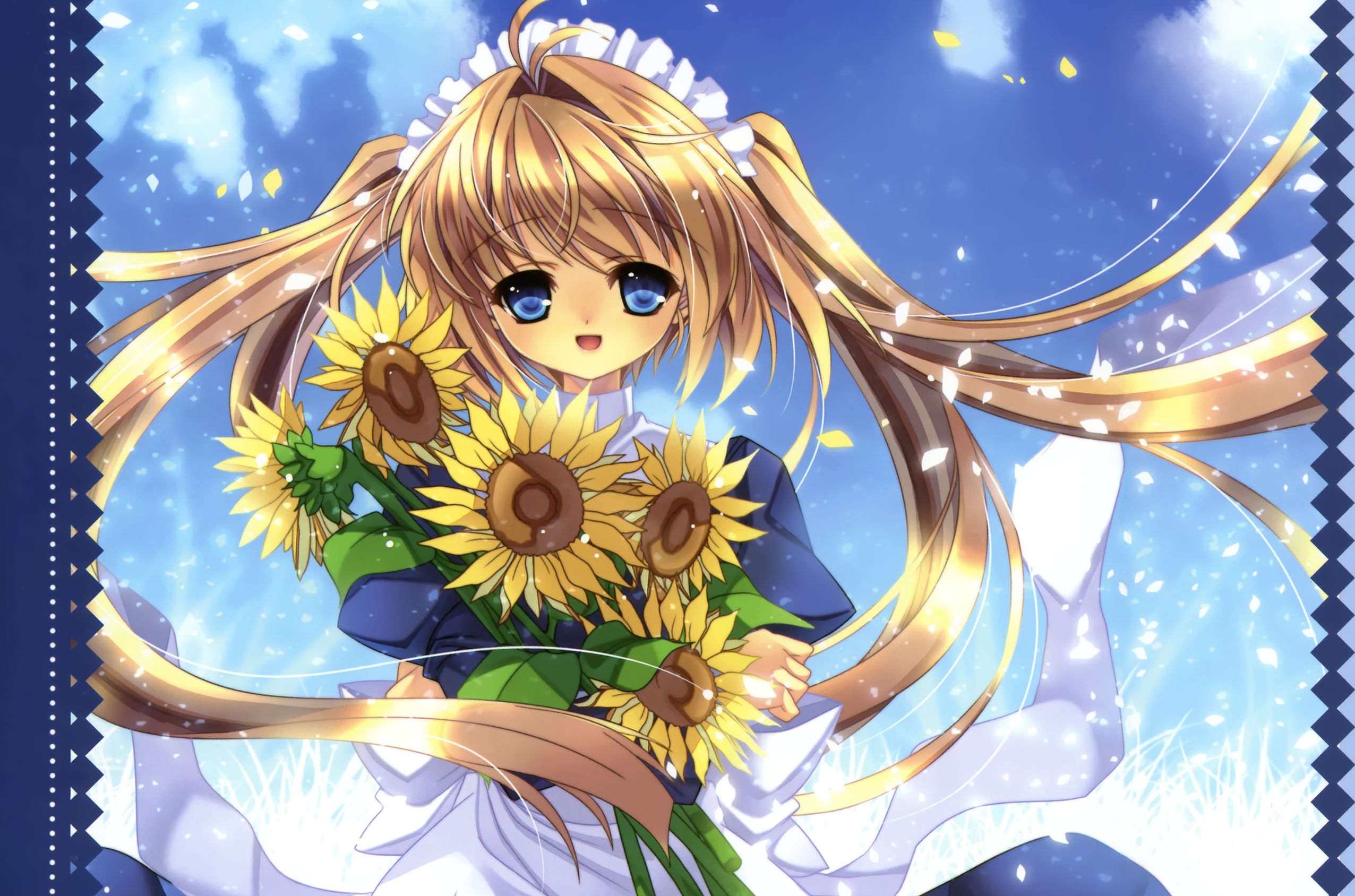 Laden Sie das Lächeln, Sonnenblume, Blütenblatt, Blaue Augen, Original, Blondinen, Erröten, Animes, Dienstmädchen, Twintails, Schürze-Bild kostenlos auf Ihren PC-Desktop herunter