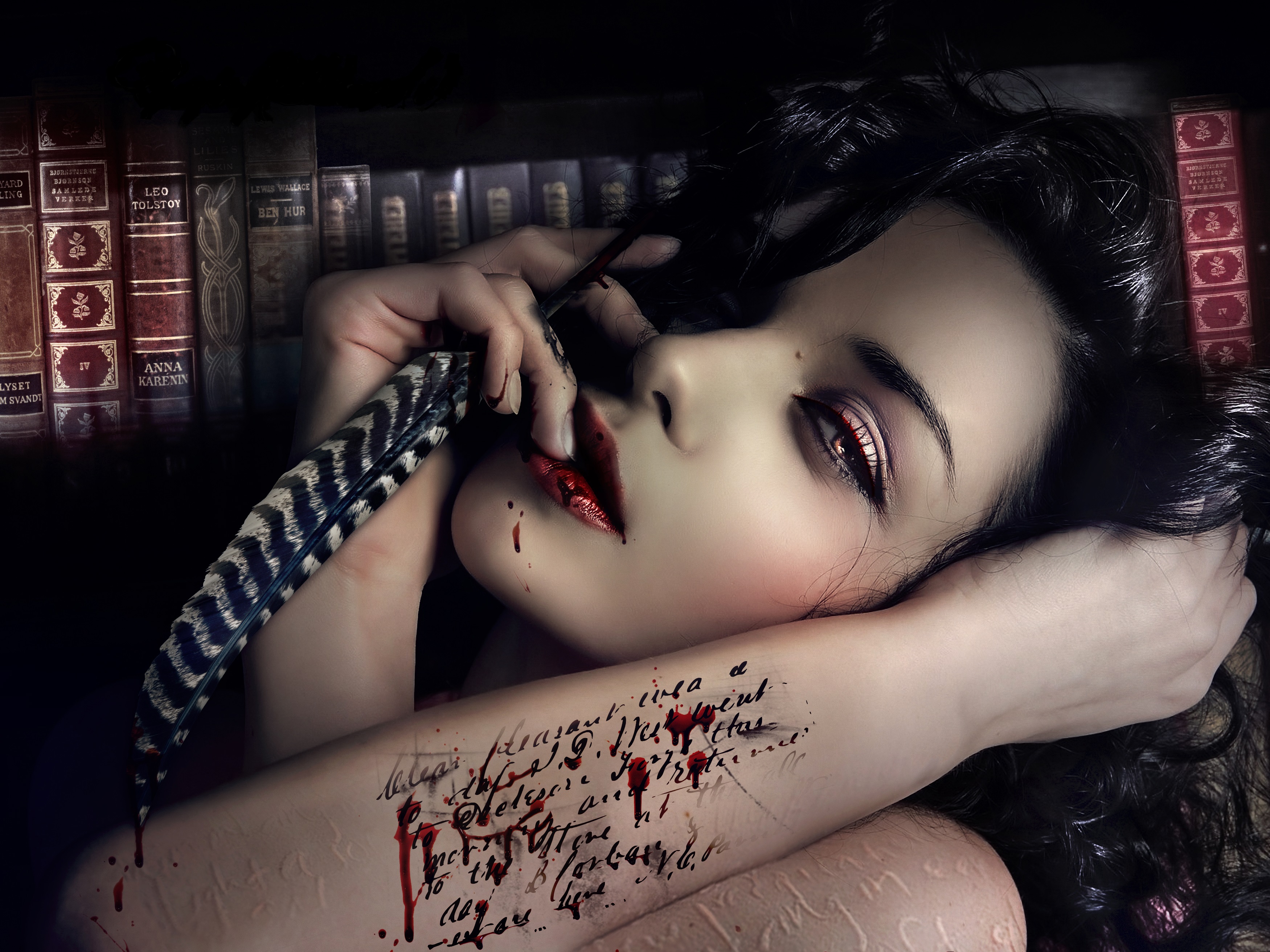 Download mobile wallpaper Gothic, Blood, Feather, Dark for free.
