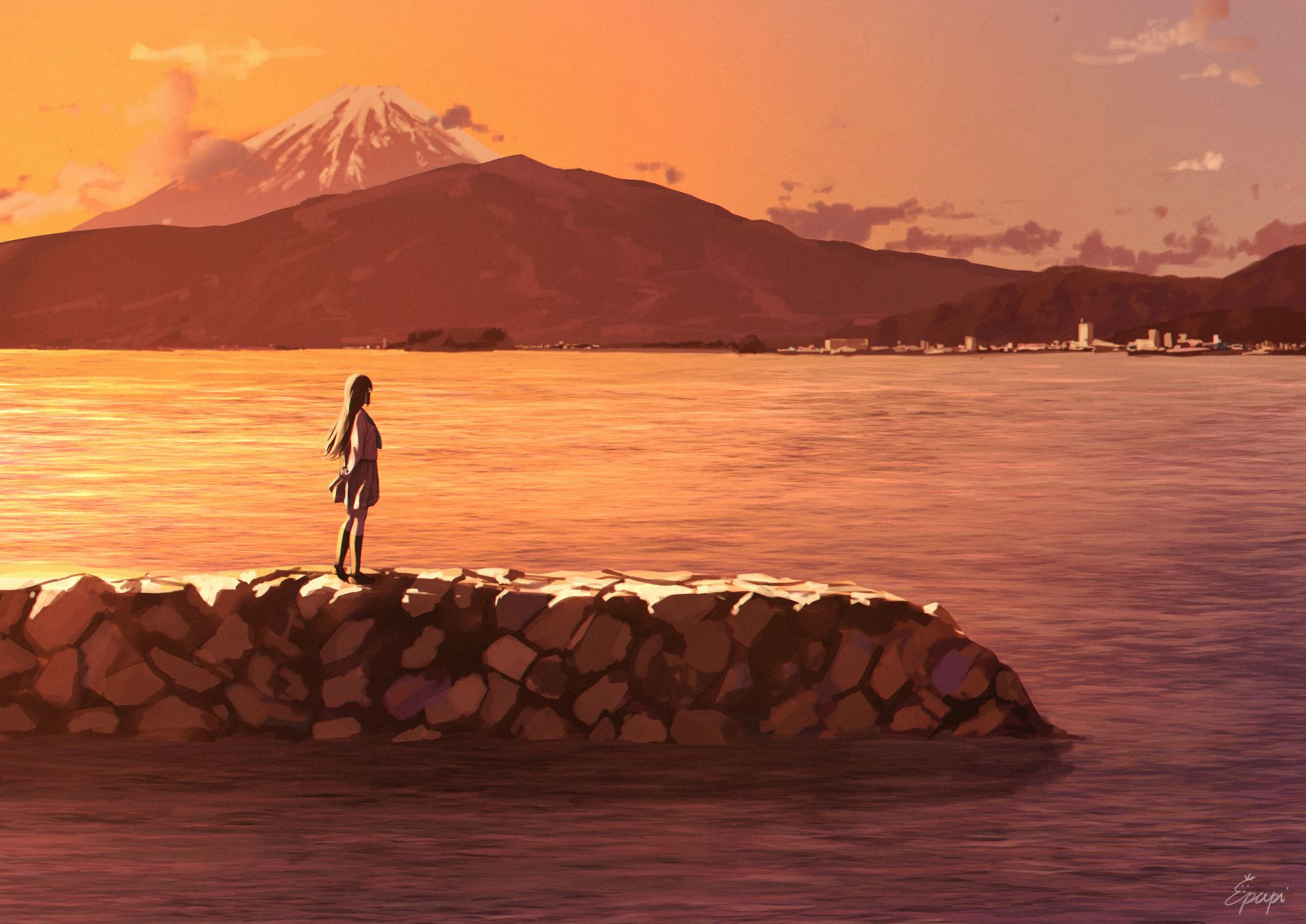anime, love live! sunshine!!, dia kurosawa, lake, mountain, school uniform, town, volcano, love live!