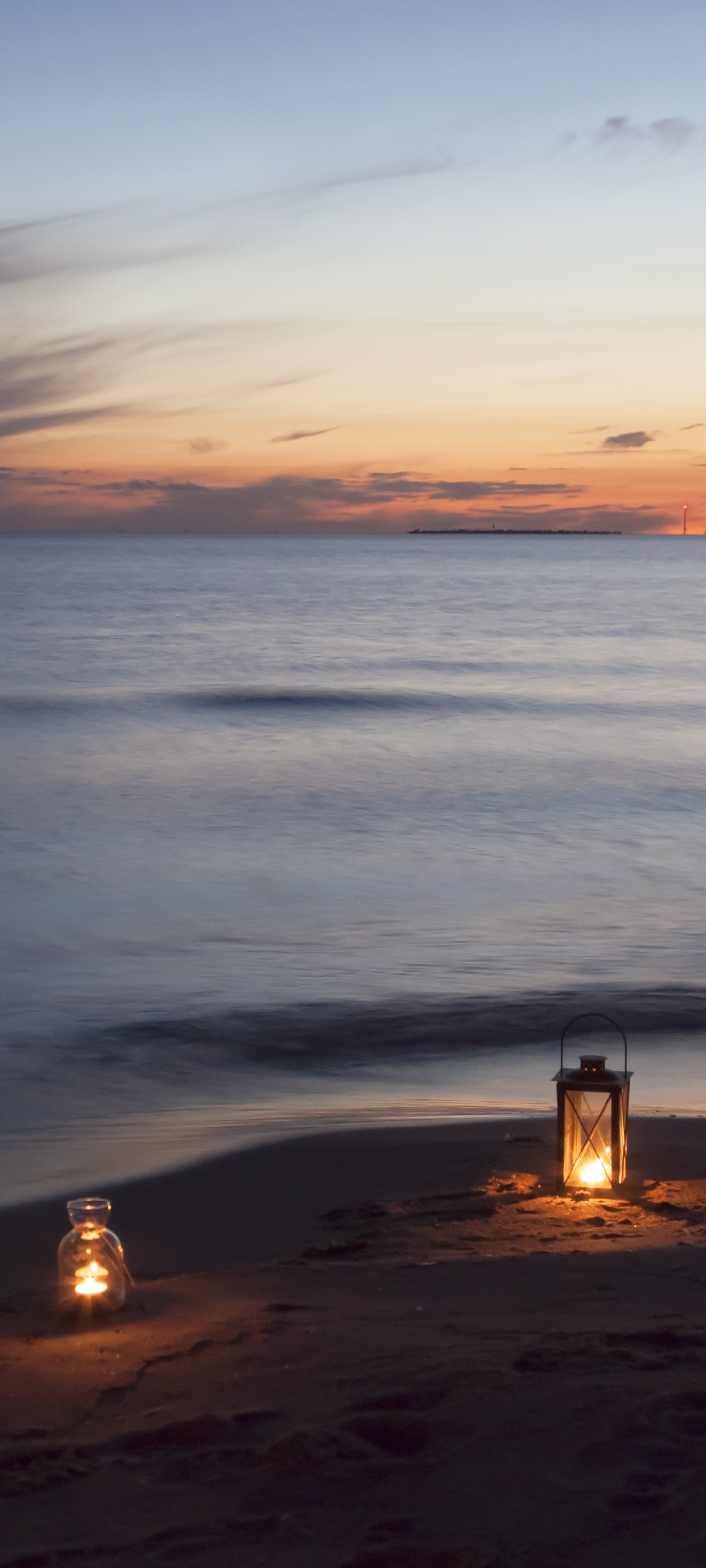 Download mobile wallpaper Sunset, Sea, Beach, Horizon, Ocean, Lantern, Photography for free.
