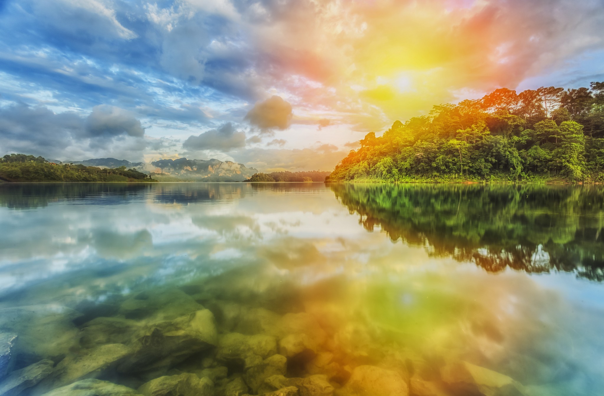 Free download wallpaper Sun, Lake, Wood, Sunrise, Earth, Stone, Cloud on your PC desktop