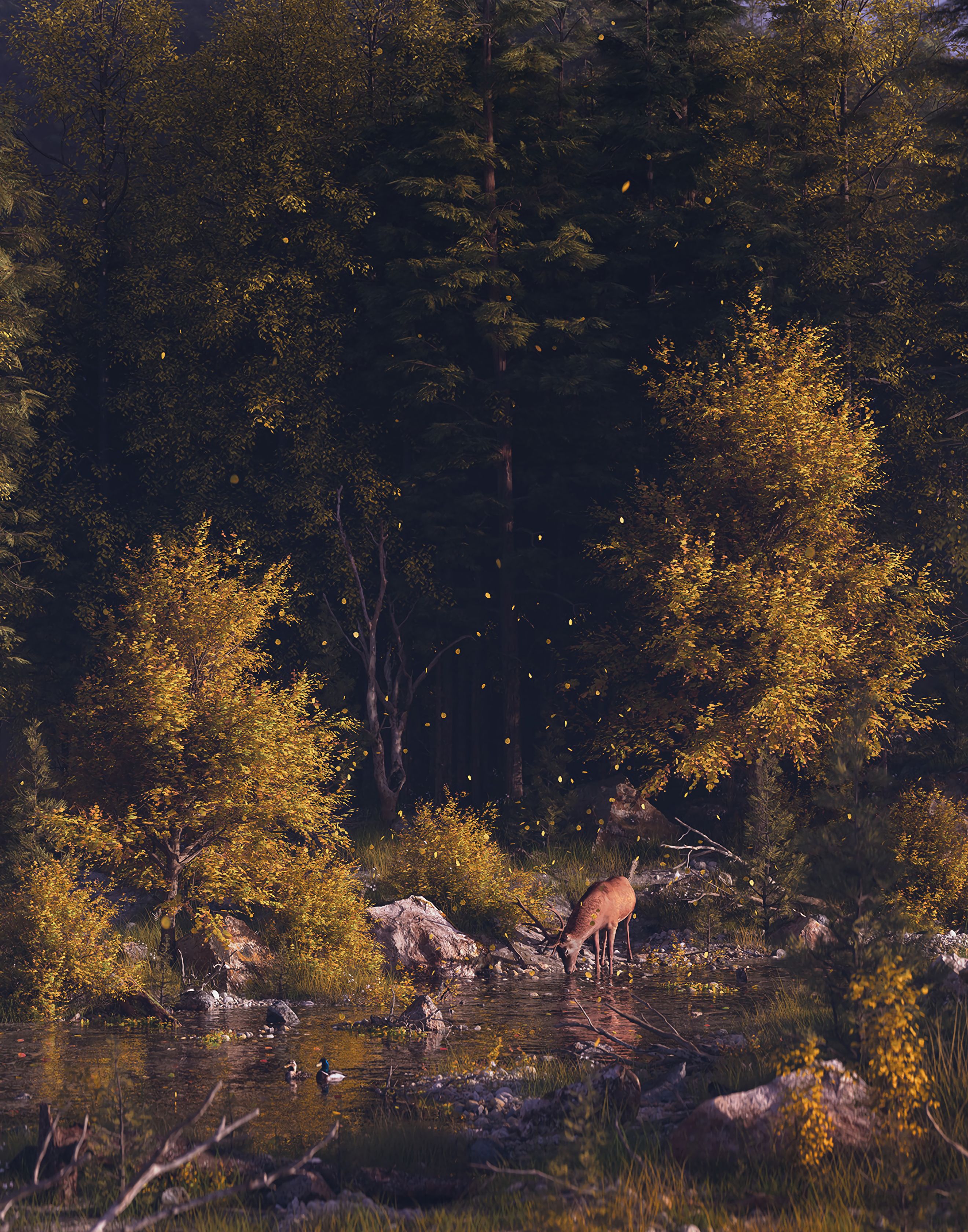 Free download wallpaper Nature, Rivers, Wildlife, Deer, Forest, Art, Landscape on your PC desktop
