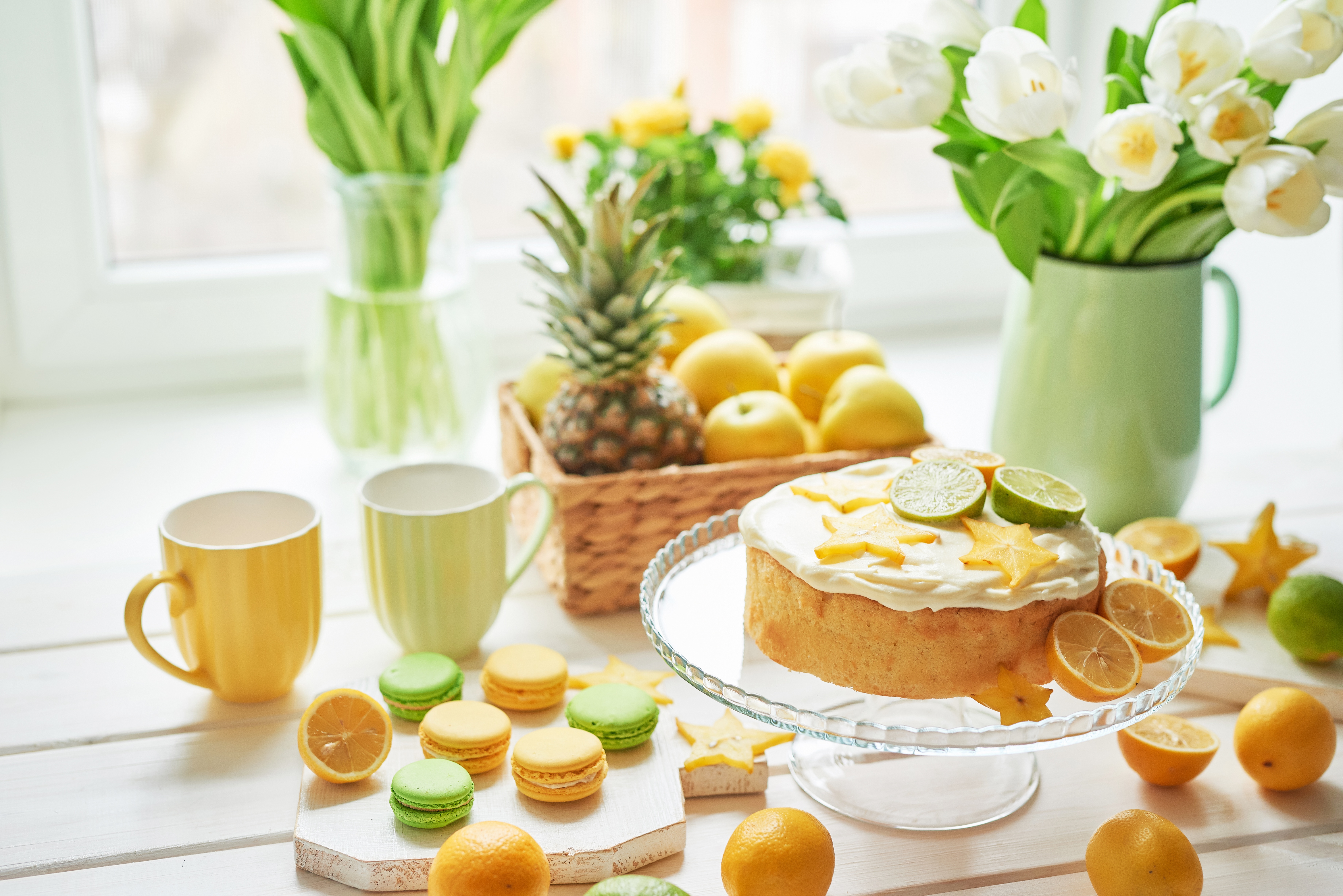 Handy-Wallpaper Dessert, Blume, Kuchen, Zitrone, Makrone, Nahrungsmittel, Stillleben kostenlos herunterladen.
