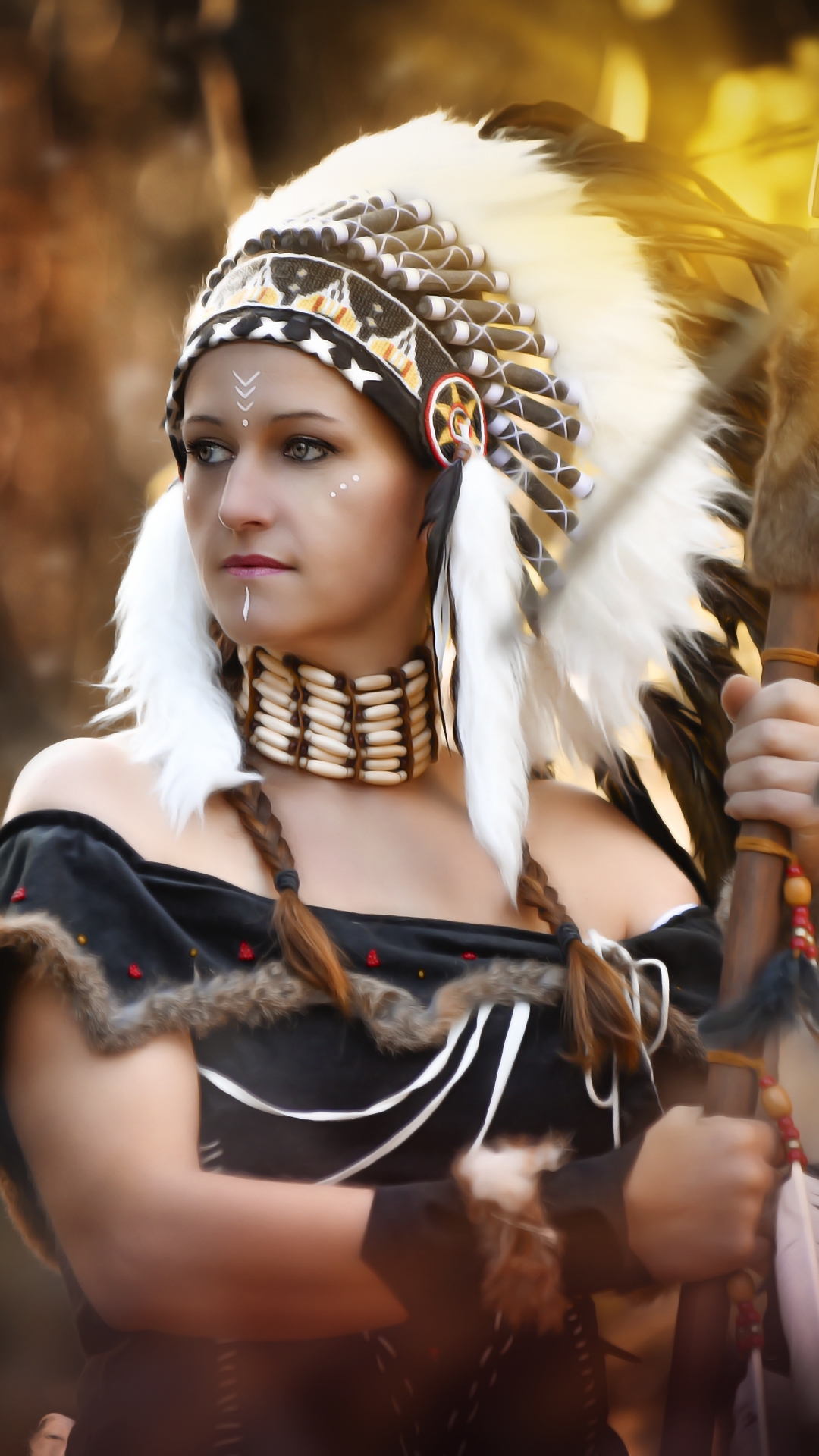 Download mobile wallpaper Feather, Portrait, Mood, Women, Costume, Headdress, Cosplay, Native American for free.