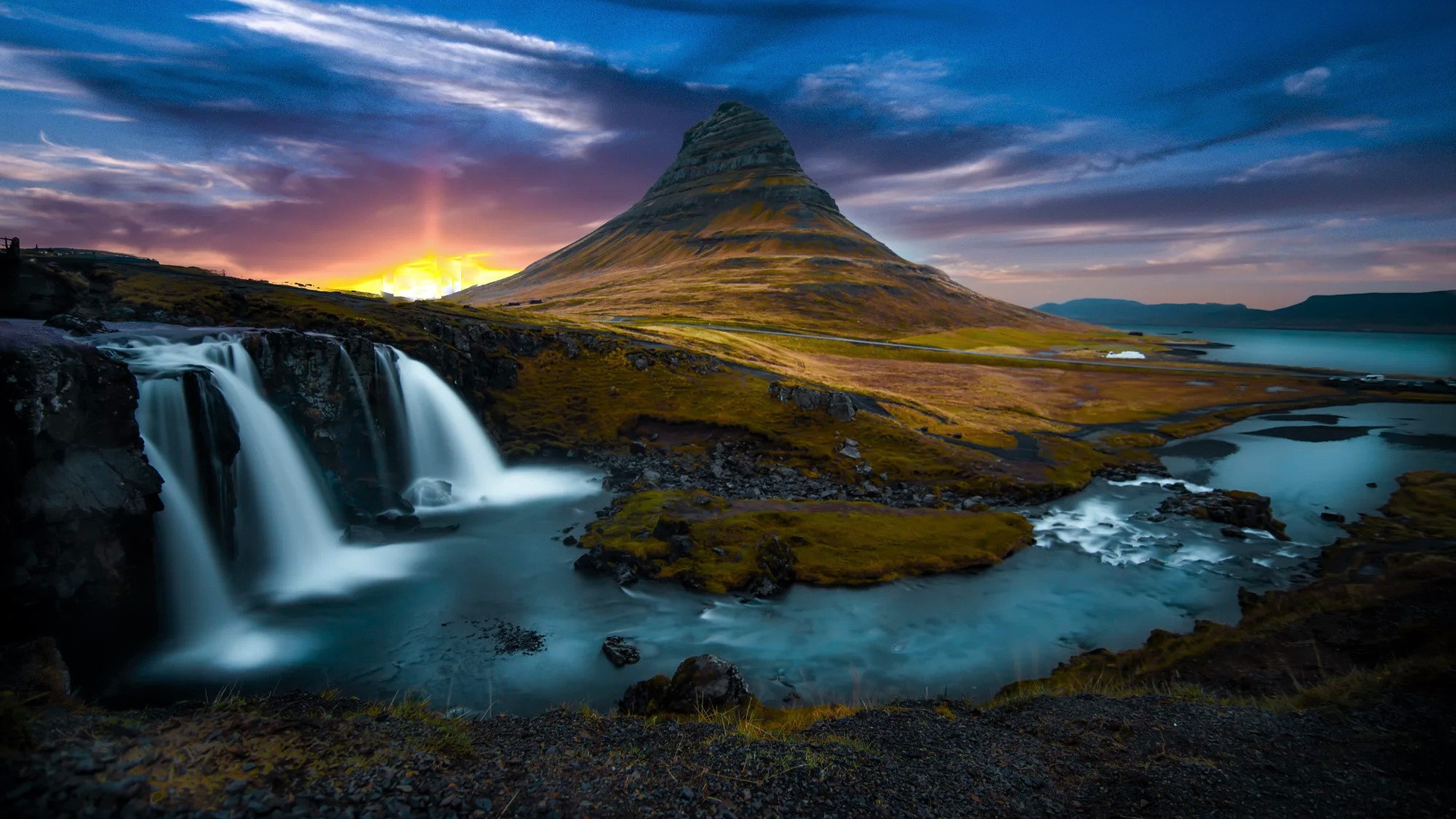 Free download wallpaper Sunset, Waterfalls, Mountain, Waterfall, Earth, Stream, River on your PC desktop