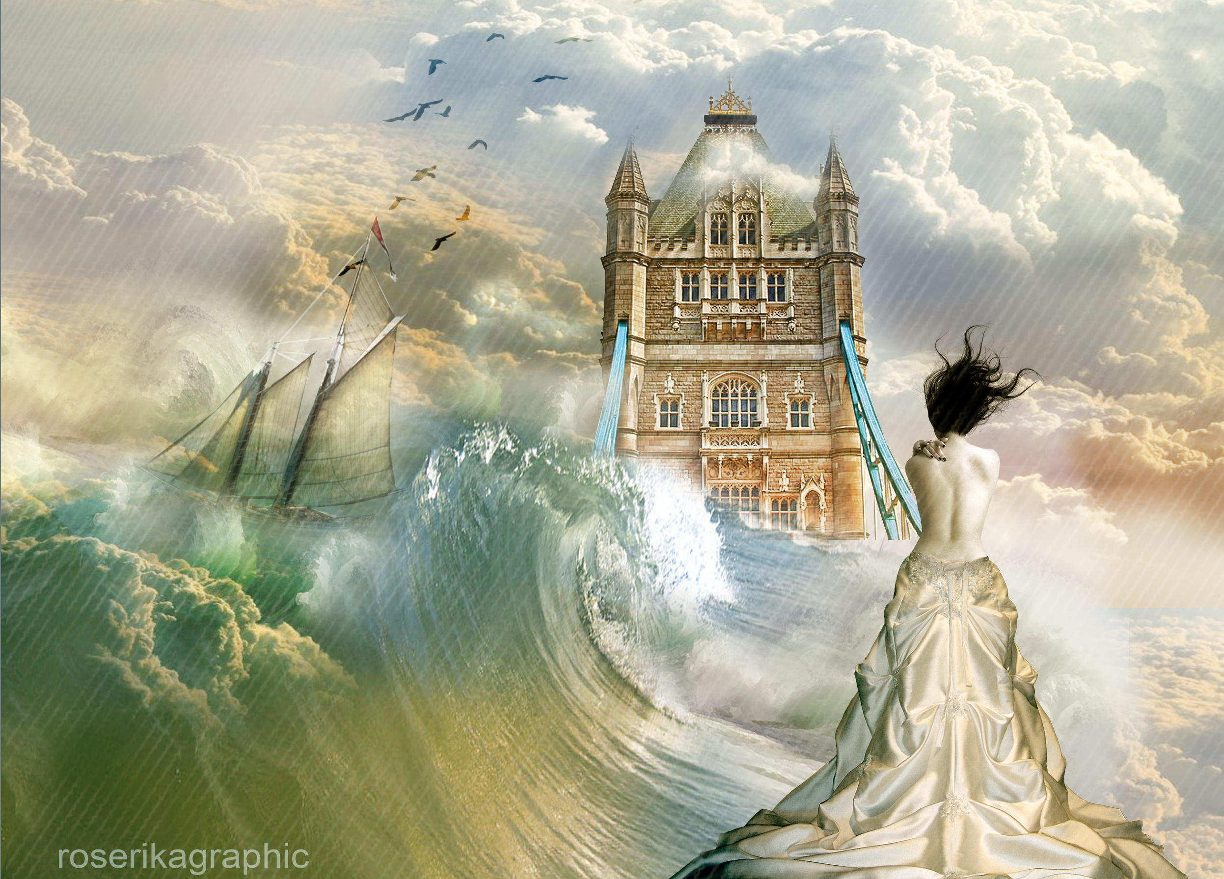 Download mobile wallpaper Fantasy, Storm, Artistic, Wave, Castle for free.