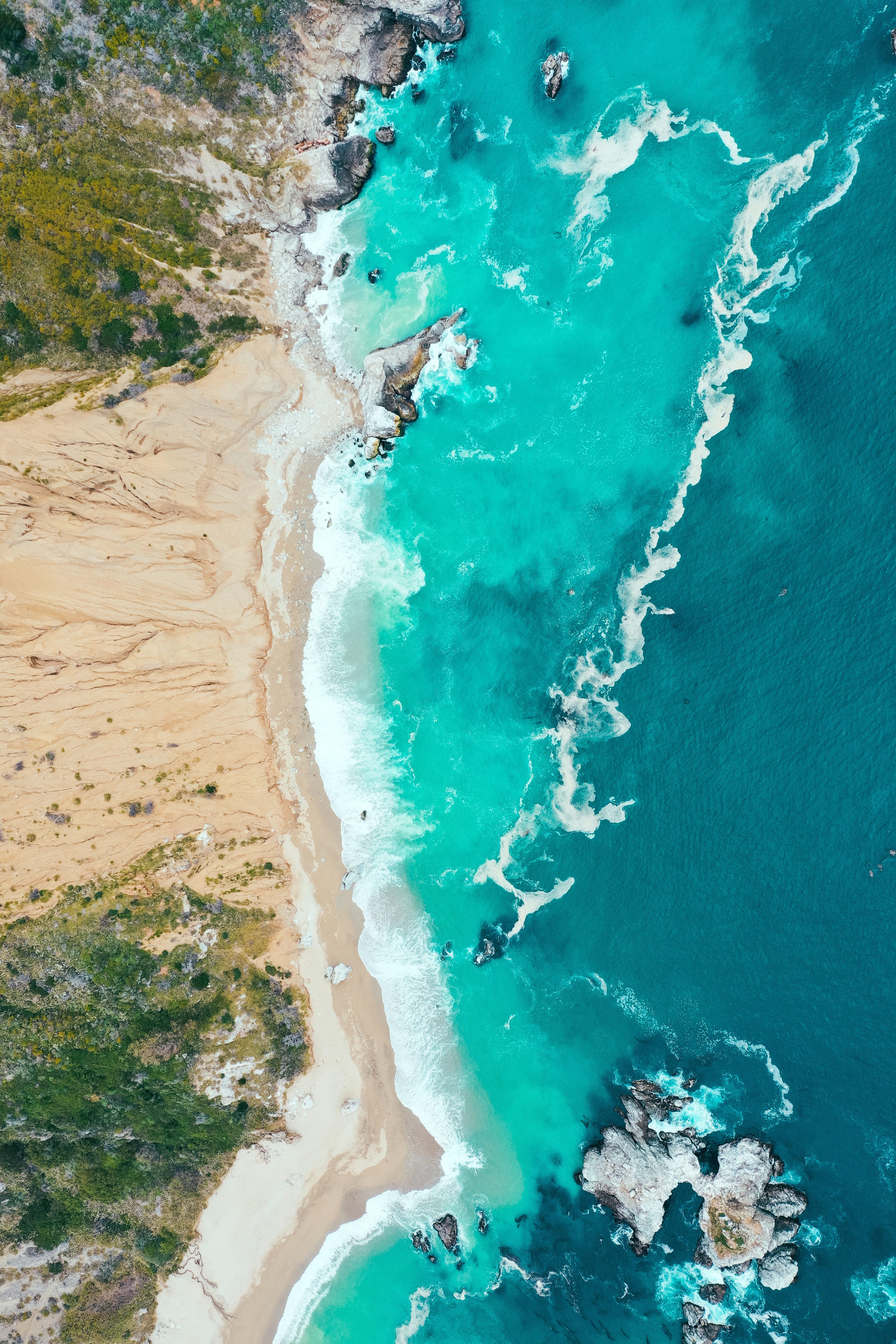 waves, sea, view from above, nature, beach, sand, shore, bank Full HD