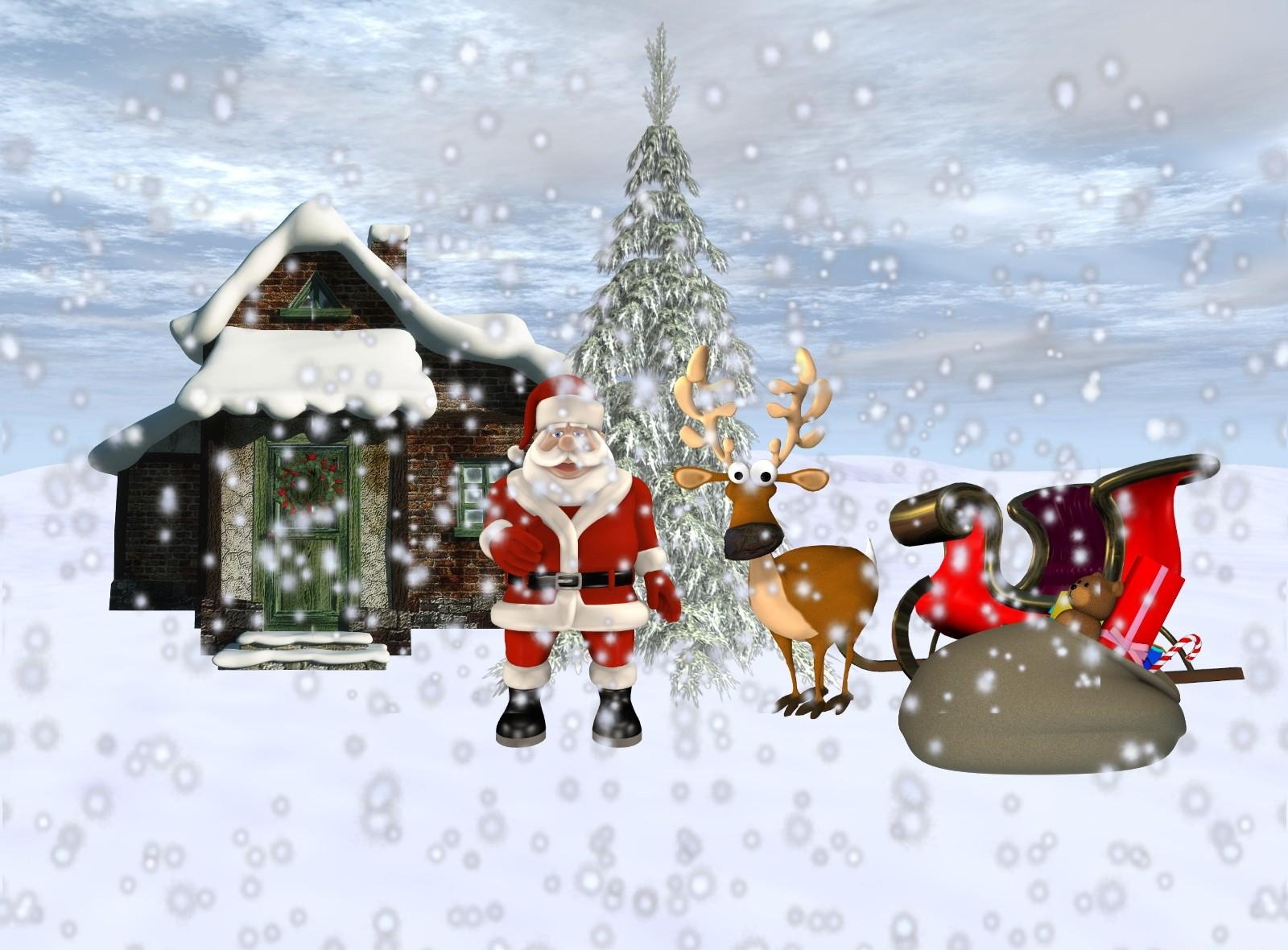 holidays, santa claus, snow, house, christmas tree, deer, sleigh, sledge, presents, gifts