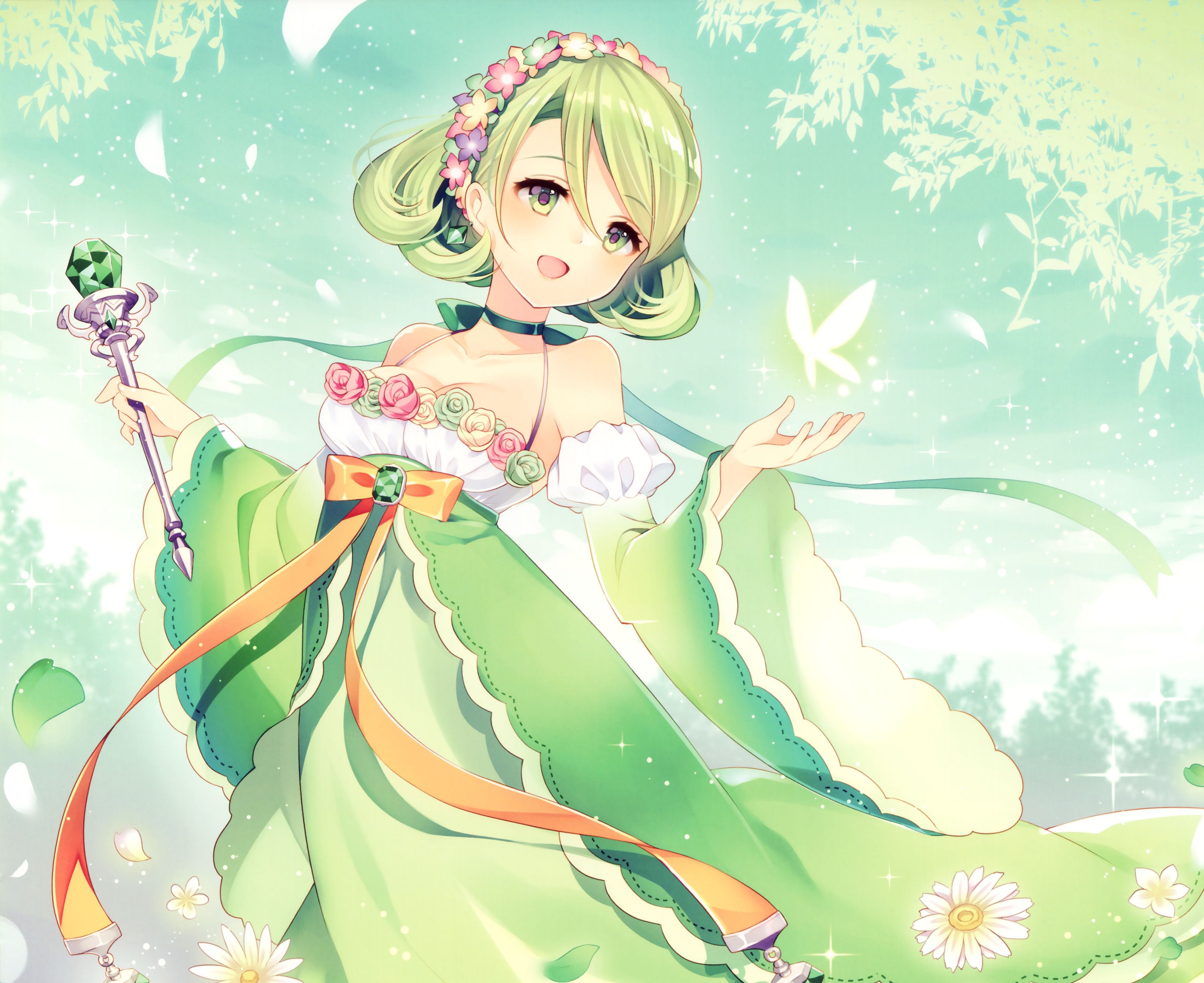 Free download wallpaper Anime, Flower, Butterfly, Smile, Green Hair, Daisy, Crystal, Green Eyes, Original, Bow (Clothing) on your PC desktop