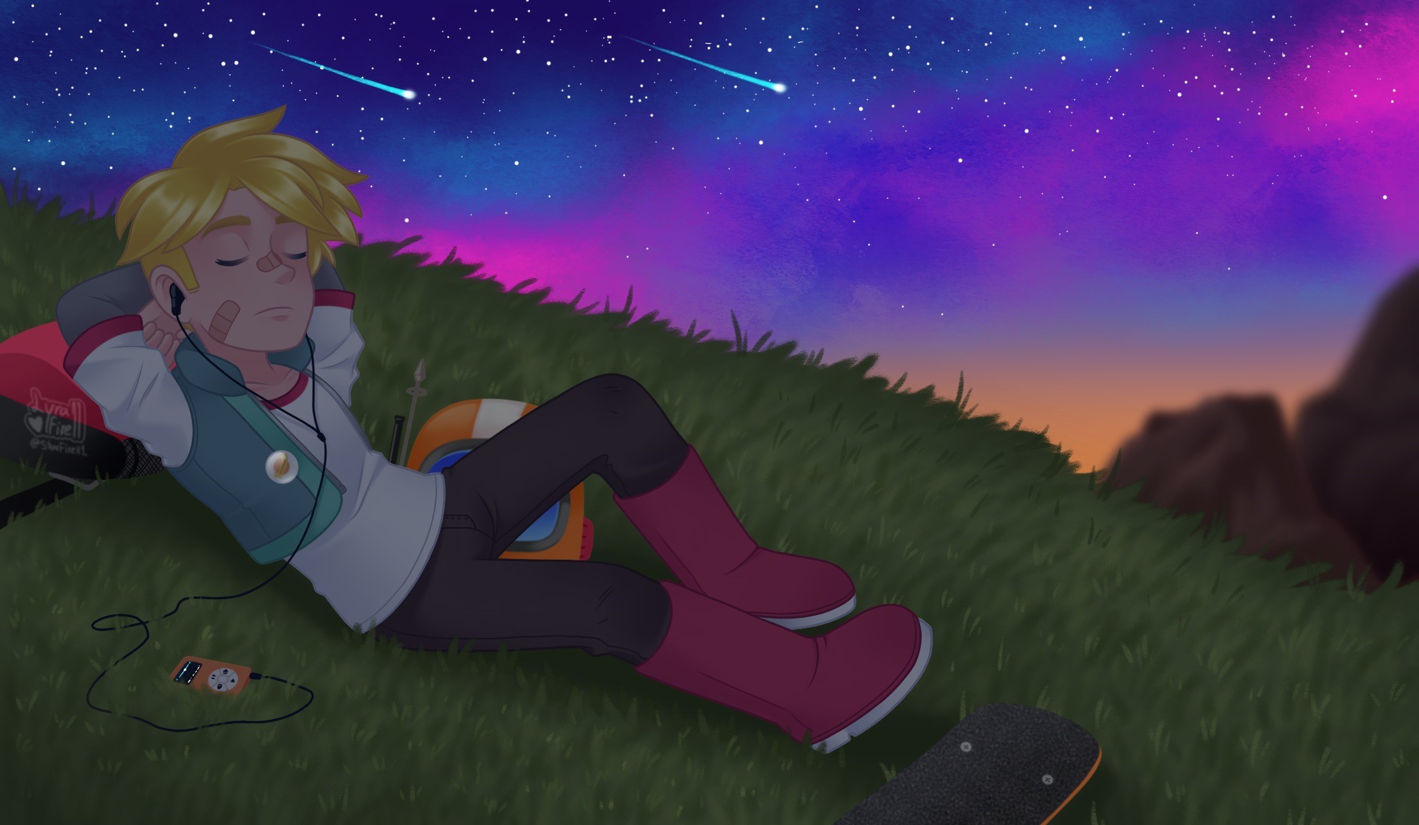 Download mobile wallpaper Grass, Sky, Stars, Boots, Blonde, Tv Show, Earbuds, Gary Goodspeed, Final Space for free.