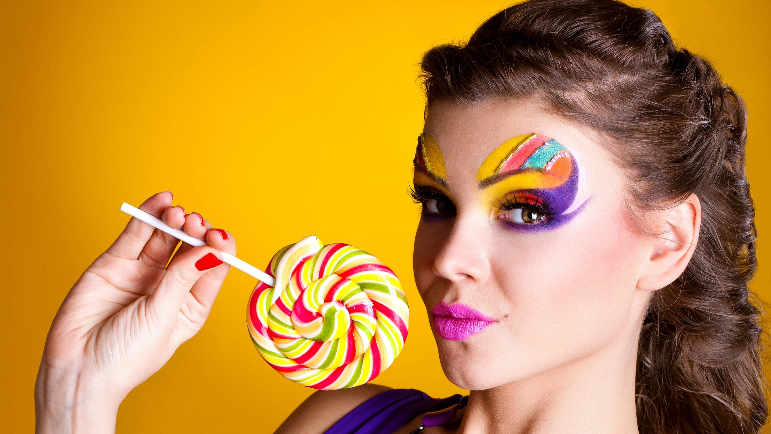 Download mobile wallpaper Face, Brunette, Lollipop, Model, Women, Makeup, Brown Eyes, Lipstick for free.