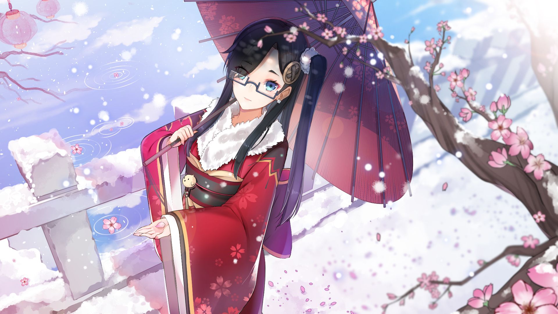 812550 Hintergrundbild herunterladen animes, geisha, aqua augen, schwarzes haar, blüte, brille, kimono, lange haare, orientalisch, schnee, regenschirm, winter - Bildschirmschoner und Bilder kostenlos