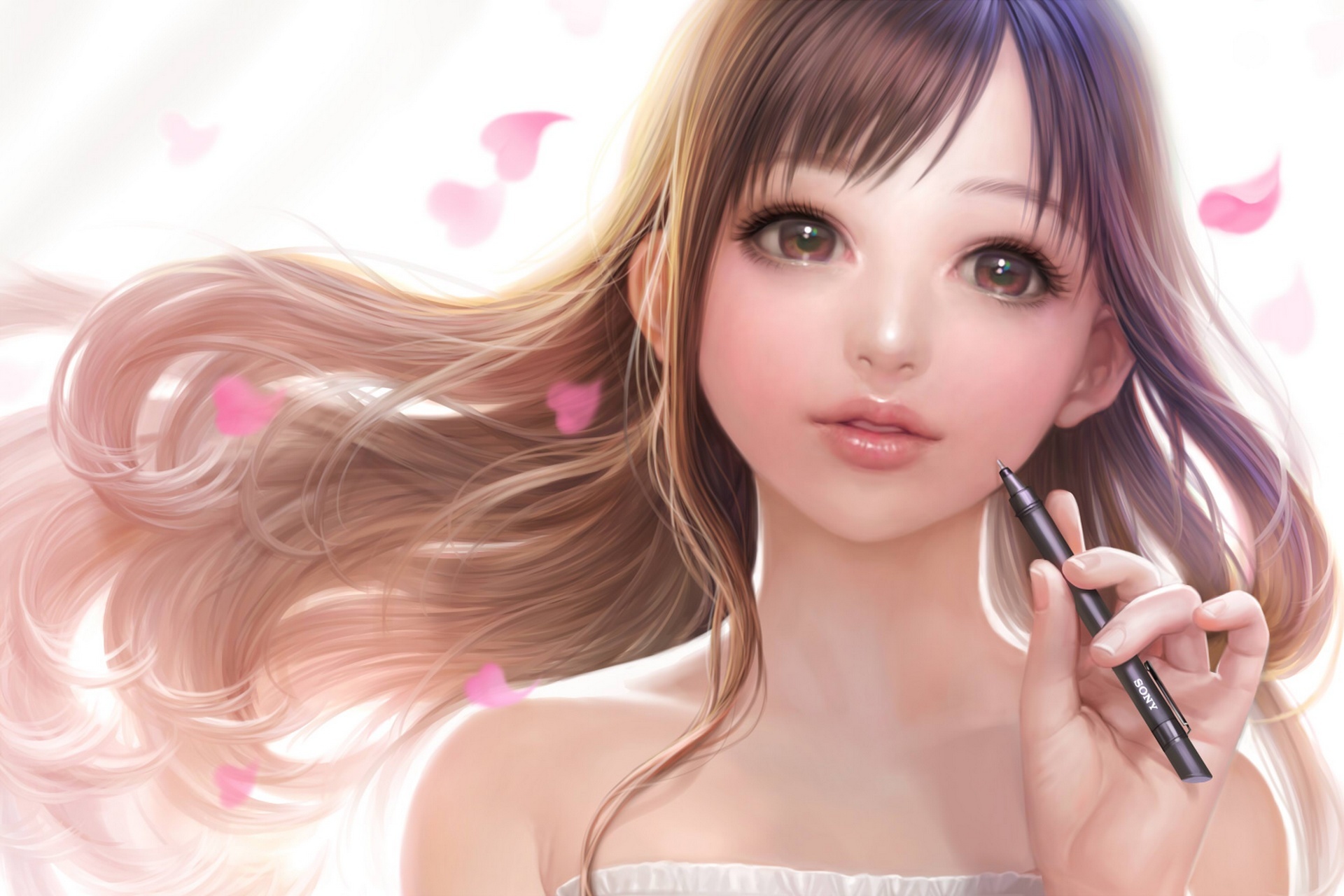 Download mobile wallpaper Anime, Girl, Face, Brown Eyes, Long Hair, Brown Hair for free.