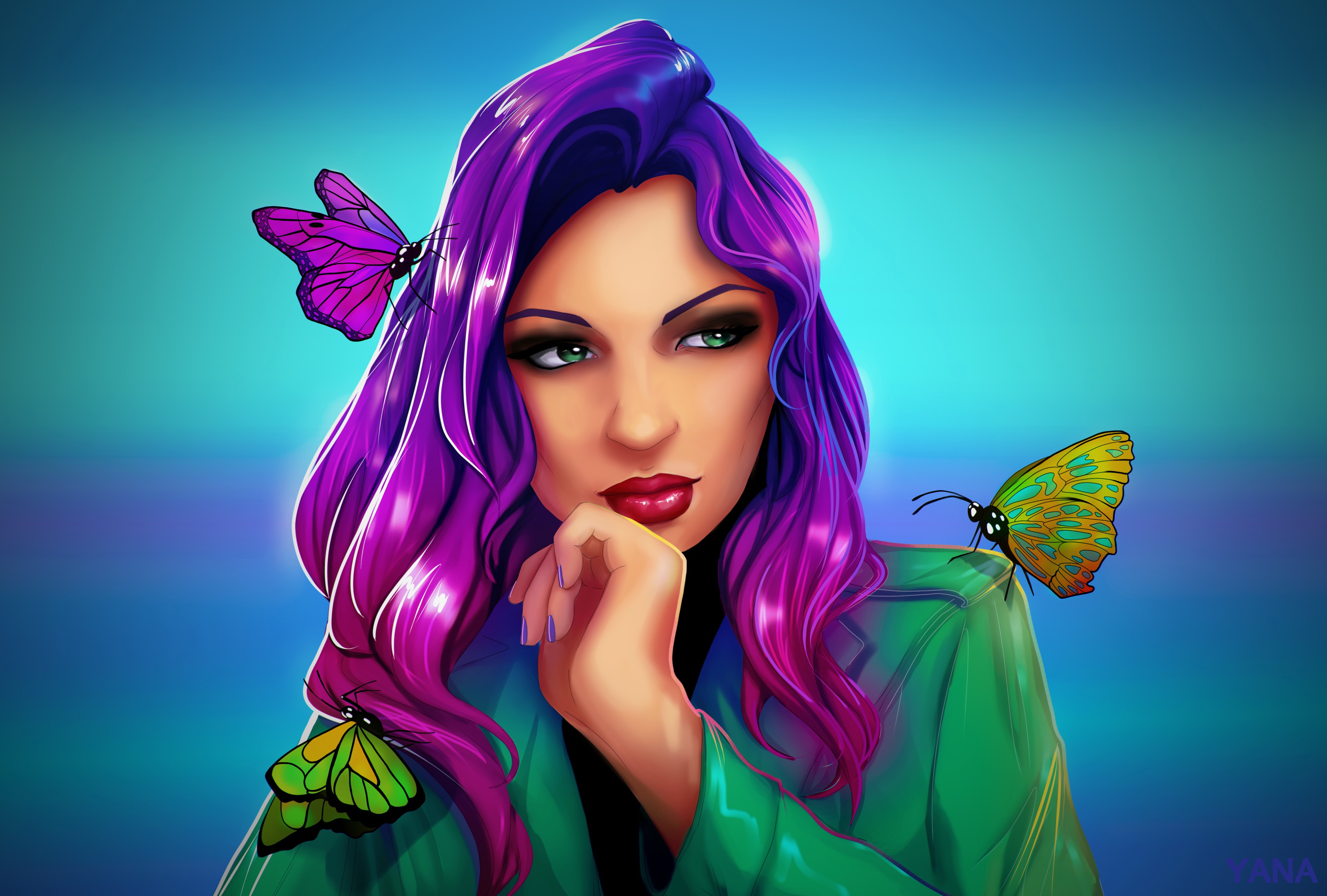 PCデスクトップに蝶, 芸術的, 顔, 女性, 緑の目, 口紅, 紫髪画像を無料でダウンロード