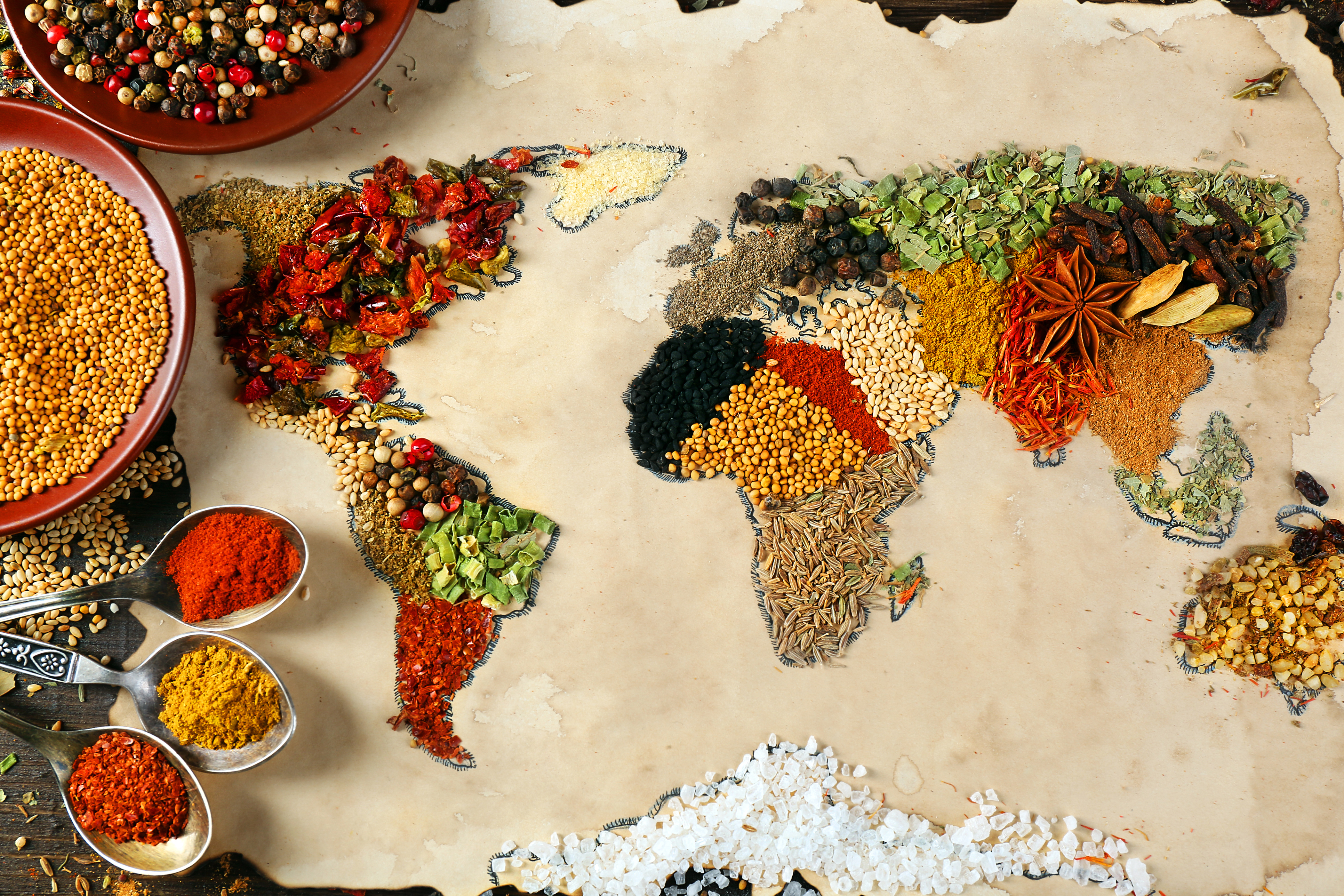 1530160 завантажити картинку харчування, трави і спеції, спеції, карта світу - шпалери і заставки безкоштовно