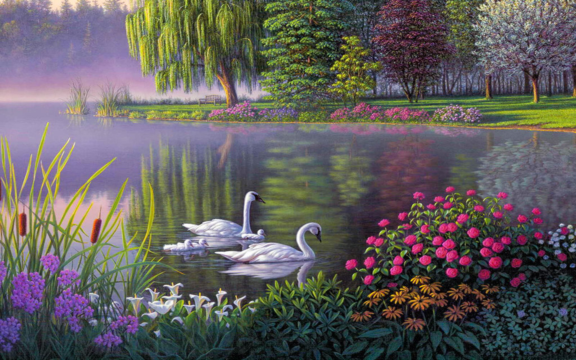 Download mobile wallpaper Landscape, Animal, Painting, Swan, Spring, Artistic for free.