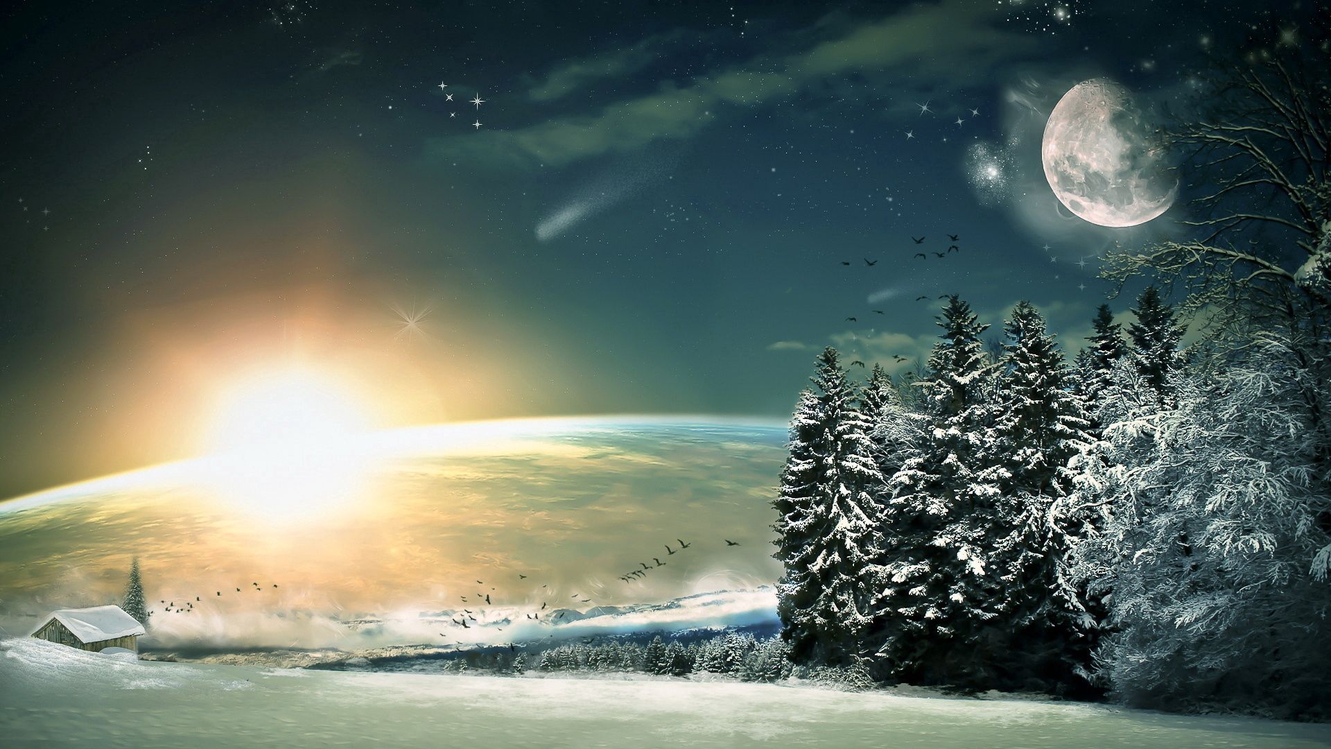 Free download wallpaper Nature, Shine, Descent, Ate, Sun, Stars, Light, Winter, Snow, Forest, Birds, Fiction, That's Incredible, Moon on your PC desktop