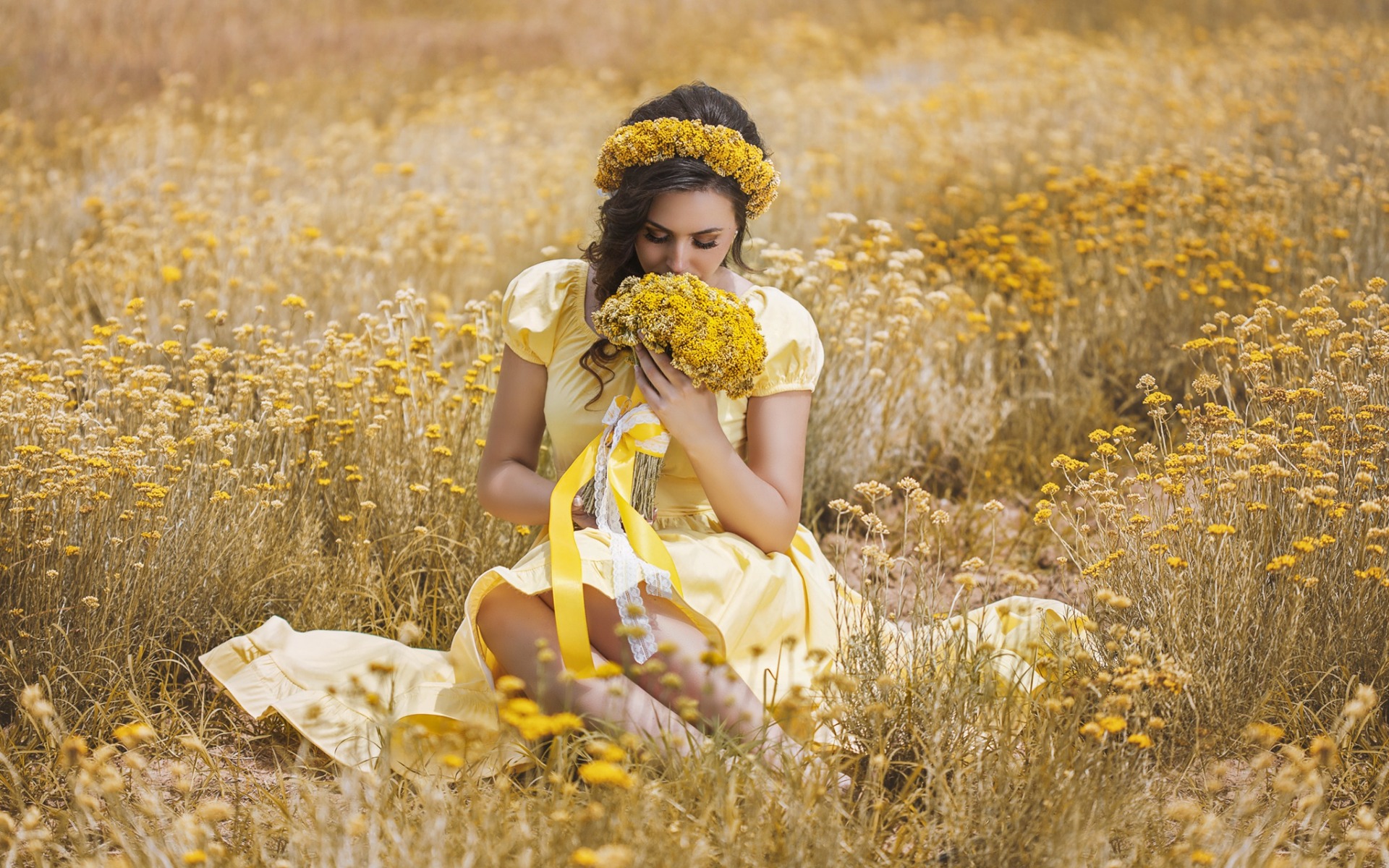 Download mobile wallpaper Bouquet, Field, Mood, Wreath, Brunette, Model, Women, Yellow Flower, Yellow Dress for free.
