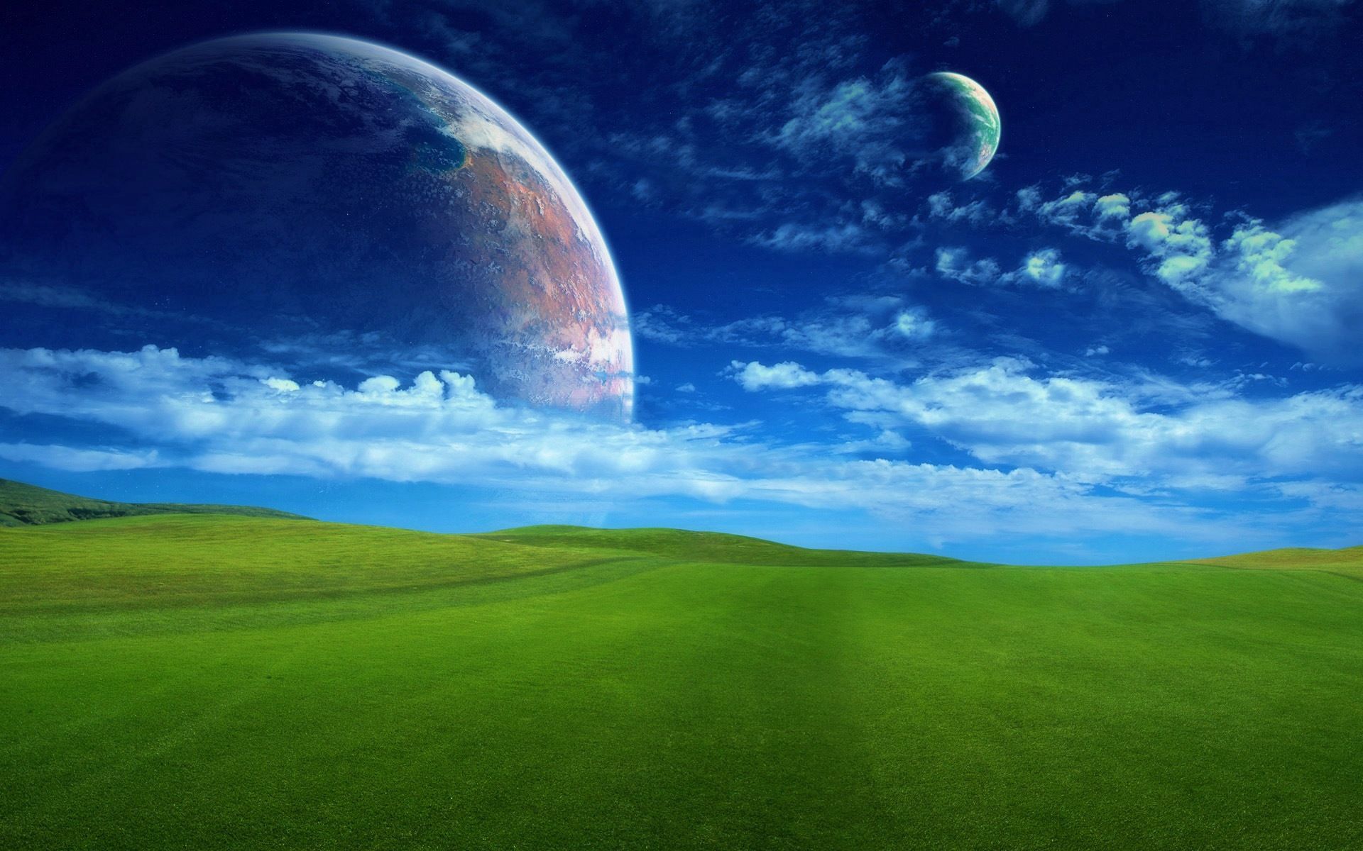 nature, universe, greens, grass, sky, planets, clouds, field, lawn