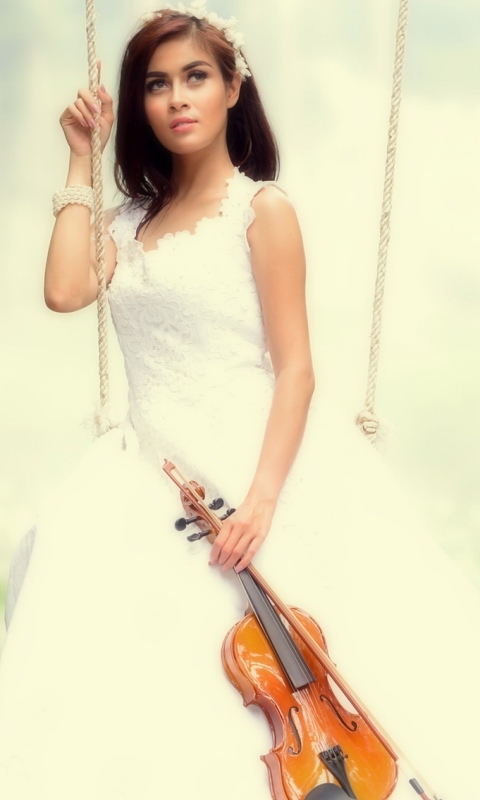 Download mobile wallpaper Brunette, Bride, Model, Women, Violin, Wedding Dress, Instrument, White Dress for free.