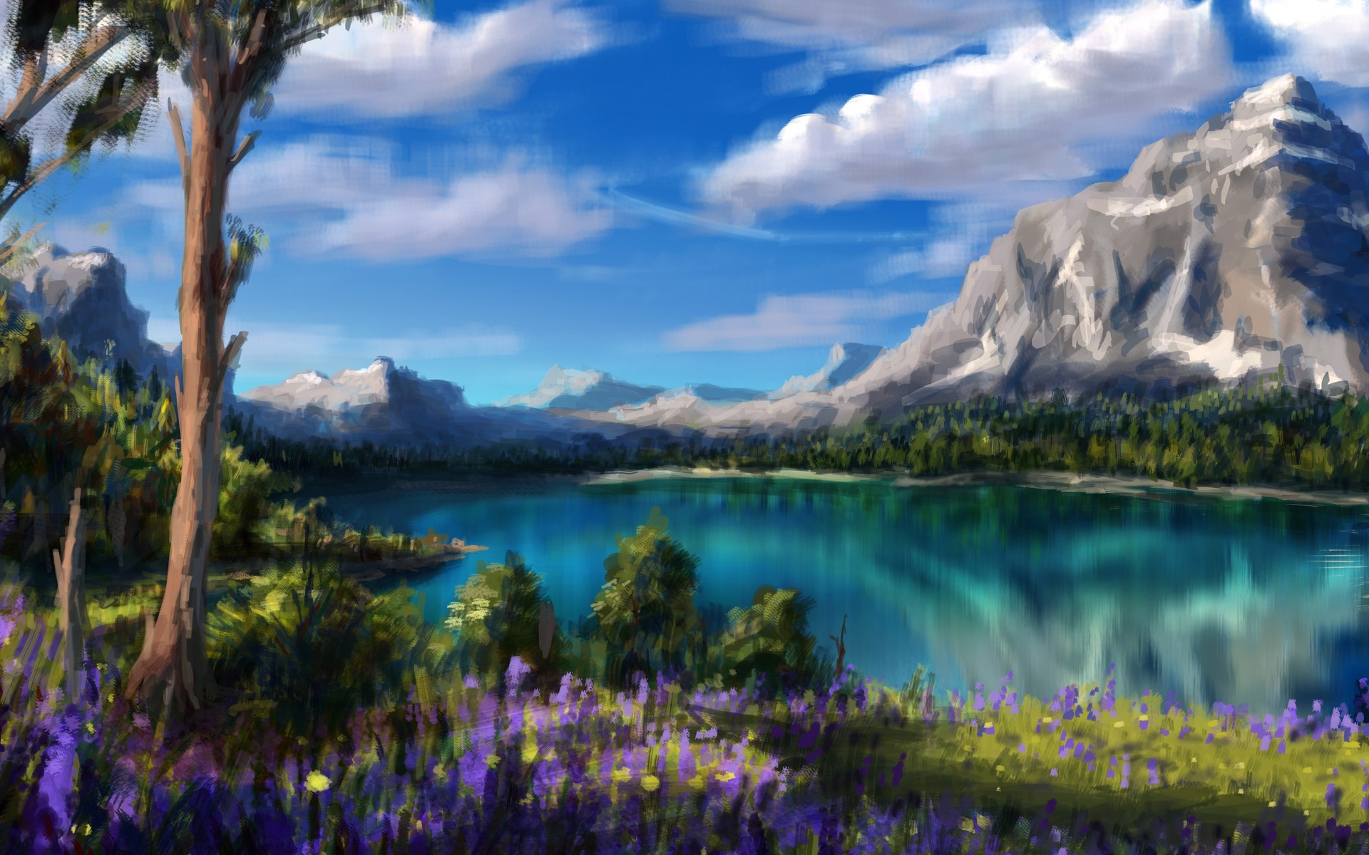 Free download wallpaper Landscape, Sky, Mountain, Lake, Flower, Painting, Artistic, Cloud, Scenic on your PC desktop