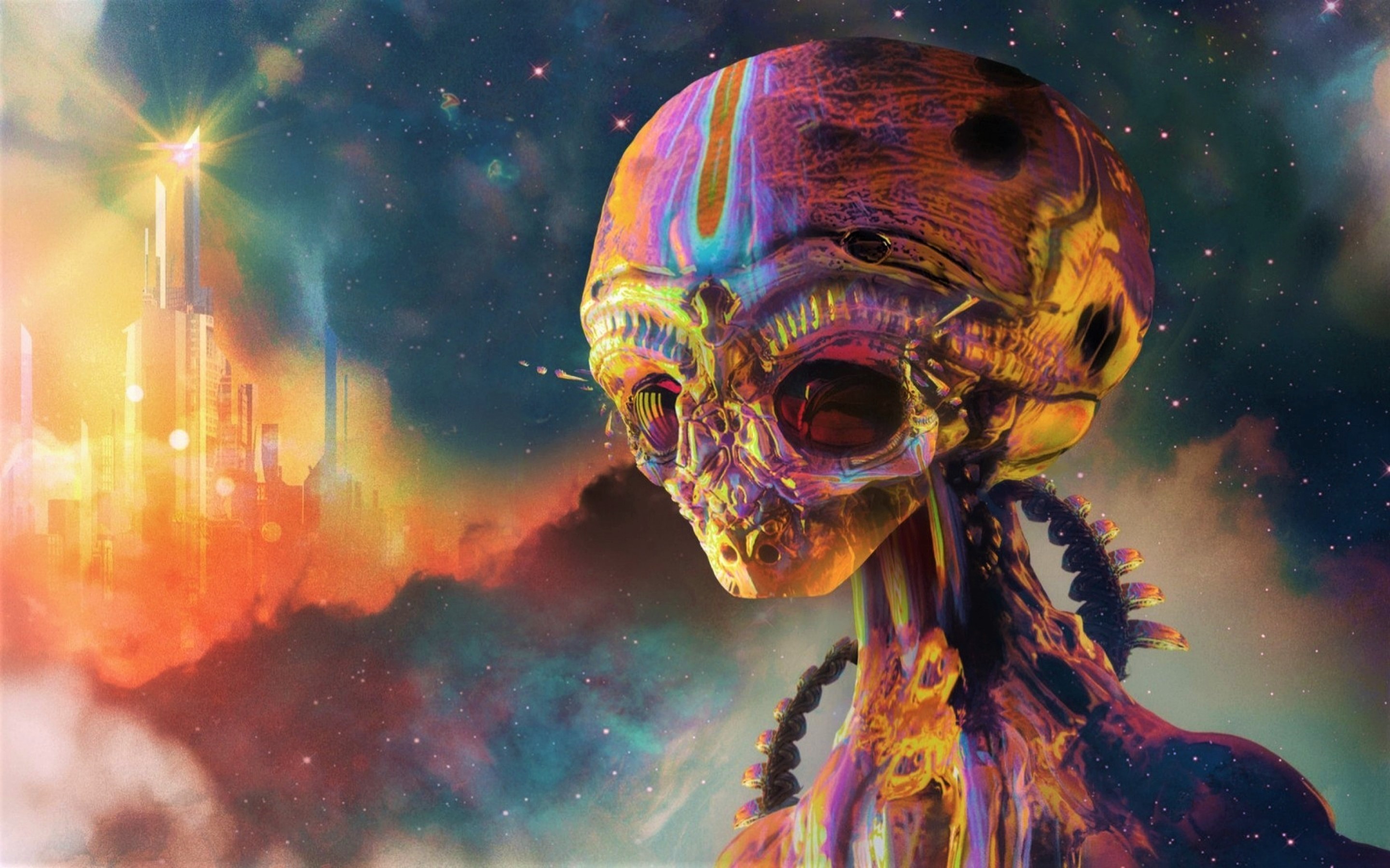 sci fi, alien, colorful, head, psychedelic, skeleton