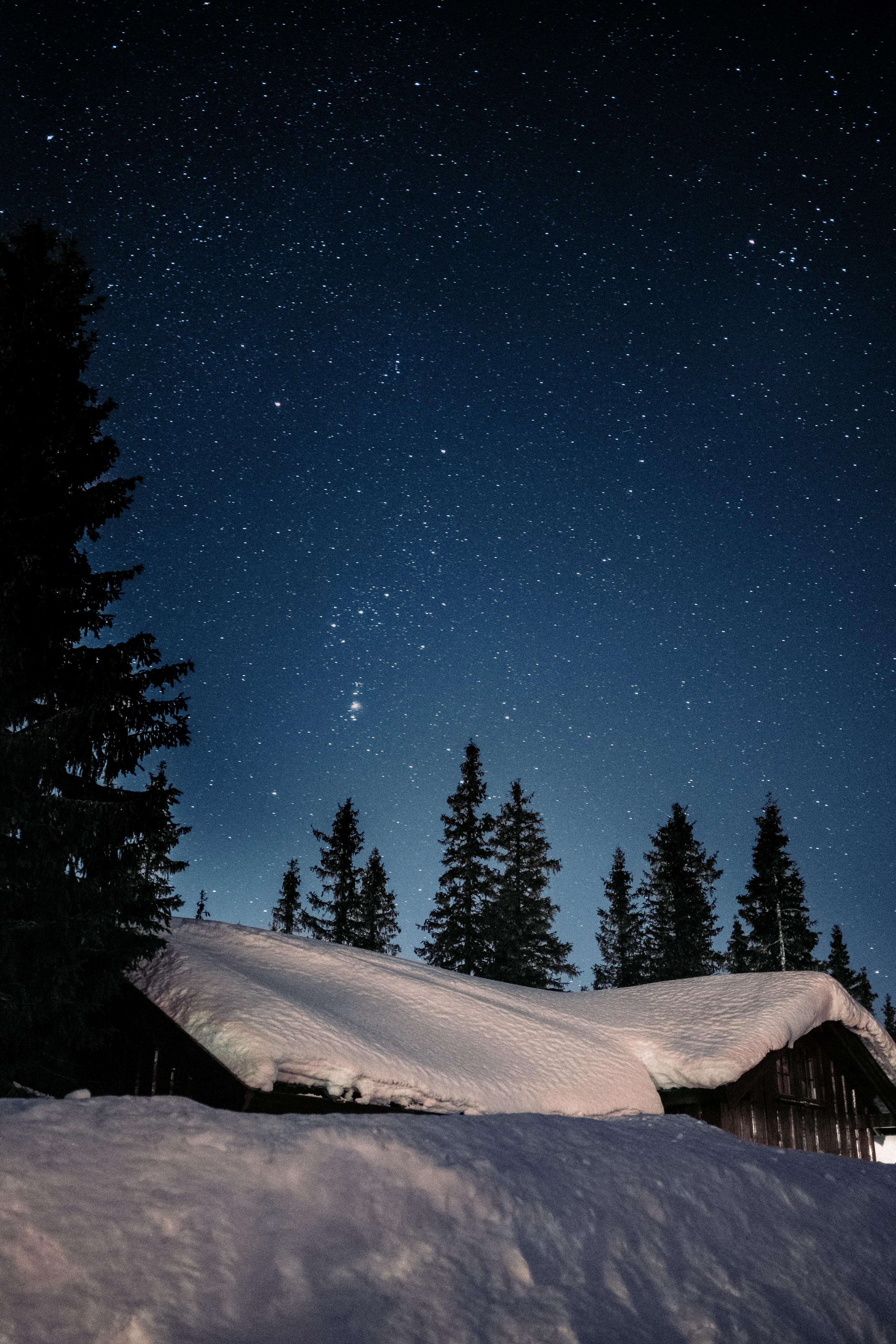 Download mobile wallpaper Snow, Winter, House, Starry Sky, Night, Stars, Dark for free.