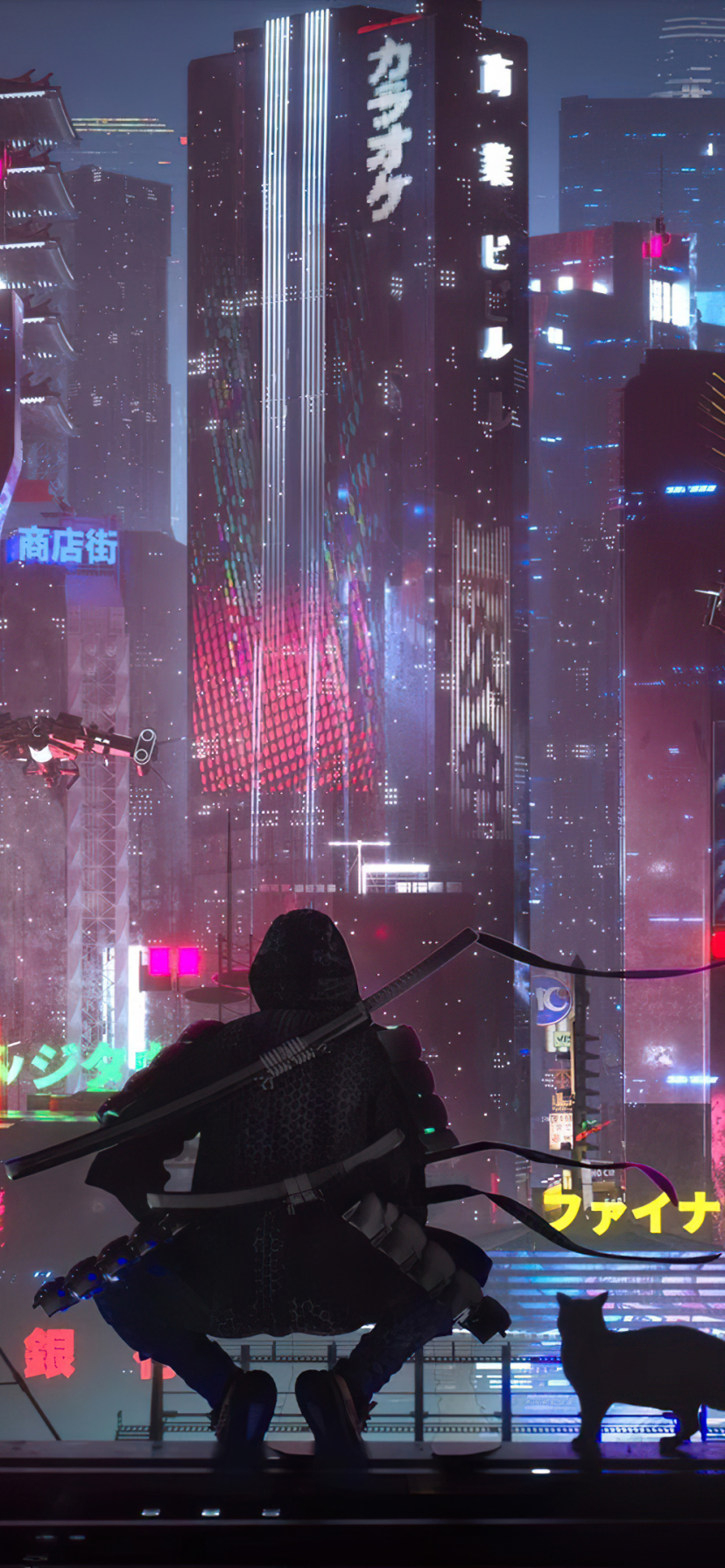 Download mobile wallpaper City, Skyscraper, Cat, Cyberpunk, Sci Fi, Futuristic for free.