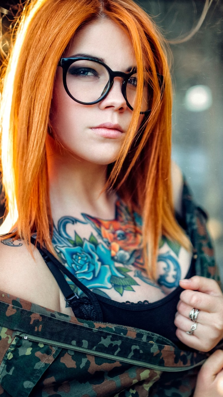 Download mobile wallpaper Glass, Redhead, Tattoo, Model, Women, Blue Eyes for free.