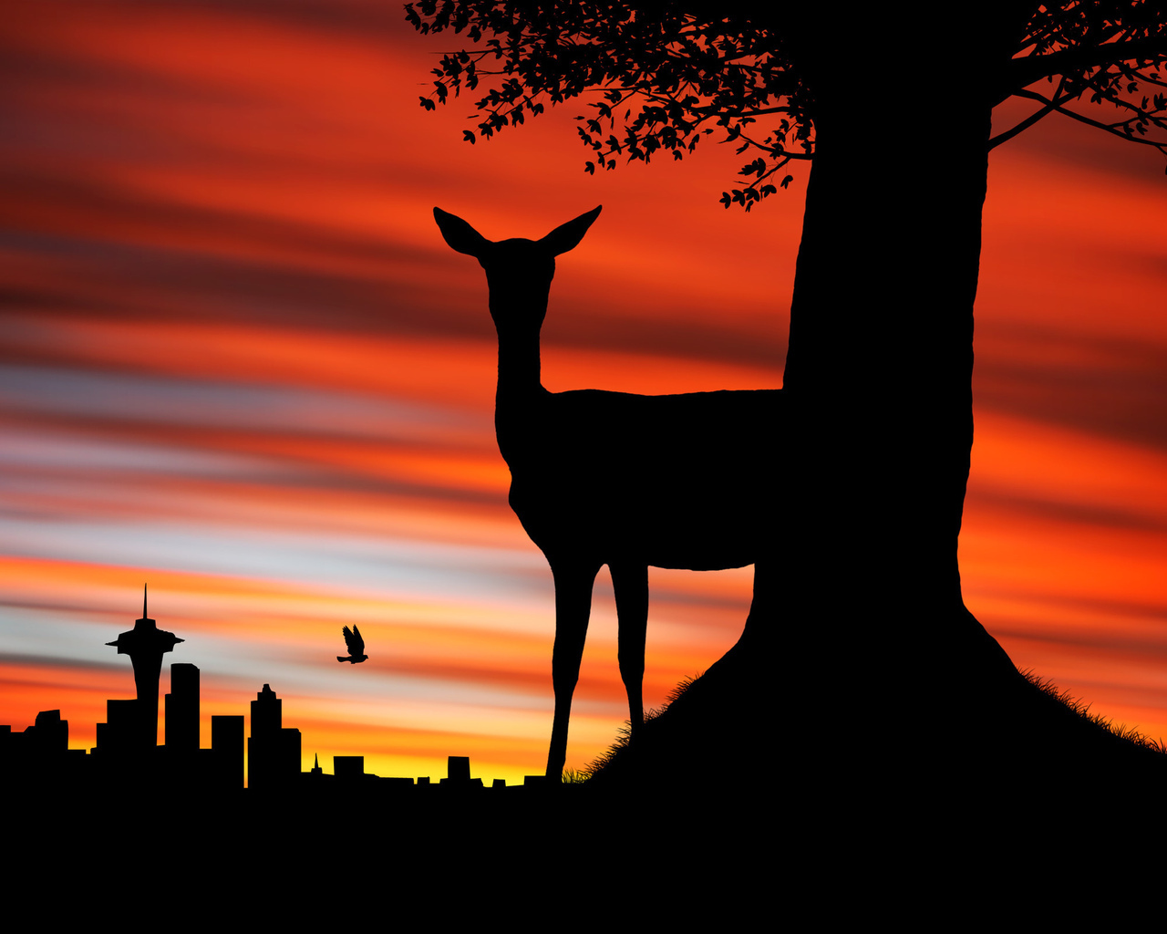 無料モバイル壁紙動物, 都市, 日没, 鹿, 写真をダウンロードします。